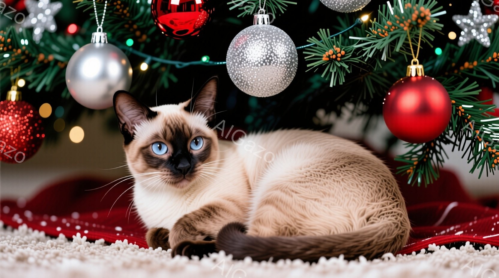 シーマーズという毛色の猫が、赤い布の上に丸まって座っています。背景にはクリスマスツリーがあり、赤いオーナメントと銀色のボールで飾られ、暖かくお祝いの雰囲気を醸し出しています。猫は青い目をしており、リラックスした表情で、クリスマスの飾り付けの中で安らかに過ごしている様子が伺えます。