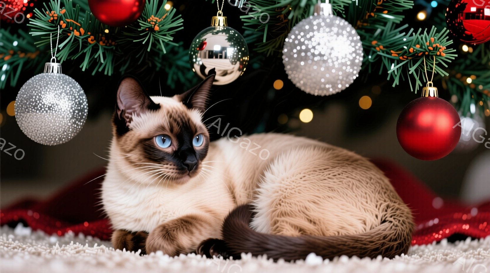 シーマ模様の猫が赤い布の上に横たわっており、背景にはクリスマスツリーの飾り付けが見えます。猫は青い瞳でこちらを見つめ、リラックスした表情をしています。クリスマスの飾りと猫の落ち着いた様子が、温かく穏や - AI生成フリー素材