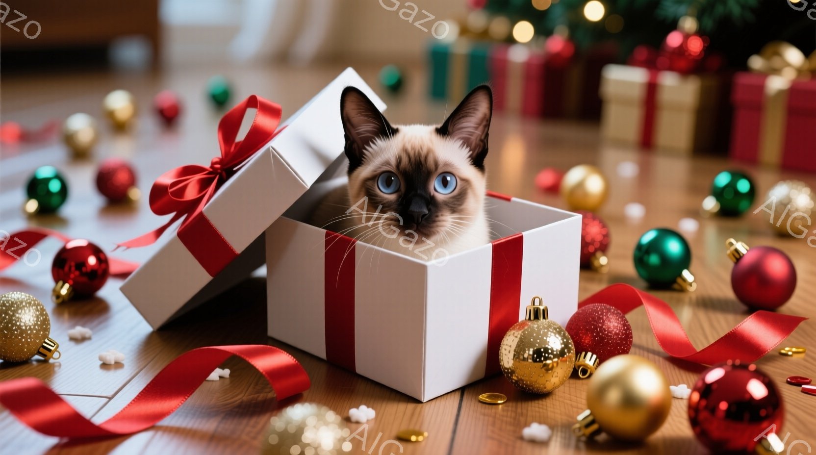 白い木製の床の上に、開いたギフトボックスの中にシロネコの顔が覗いています。猫は薄茶色の毛並みで、青い瞳が印象的です。周囲には赤いリボンと様々な色のクリスマスオーナメントが散らばり、華やかで暖かいクリスマスの雰囲気を演出しています。