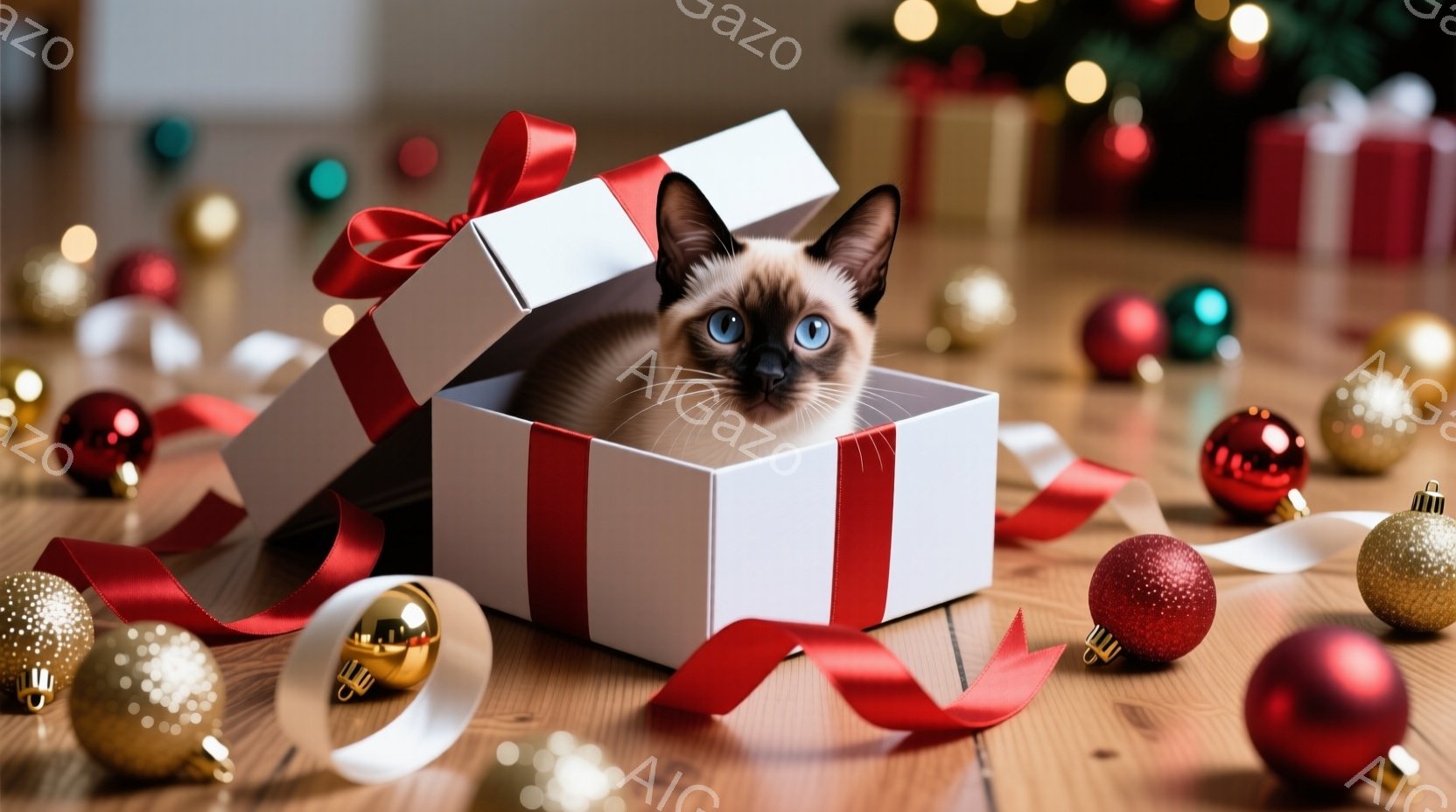 シナモン色の愛らしい子猫が、赤いリボンで結ばれた白いギフトボックスの中に丸まって座っています。周囲には、金、赤、銀の様々なクリスマスオーナメントが散らばり、木製の床が暖かく照らされています。この写真は、クリスマスやホリデーシーズンを象徴する、遊び心のある温かい雰囲気を醸し出しています。