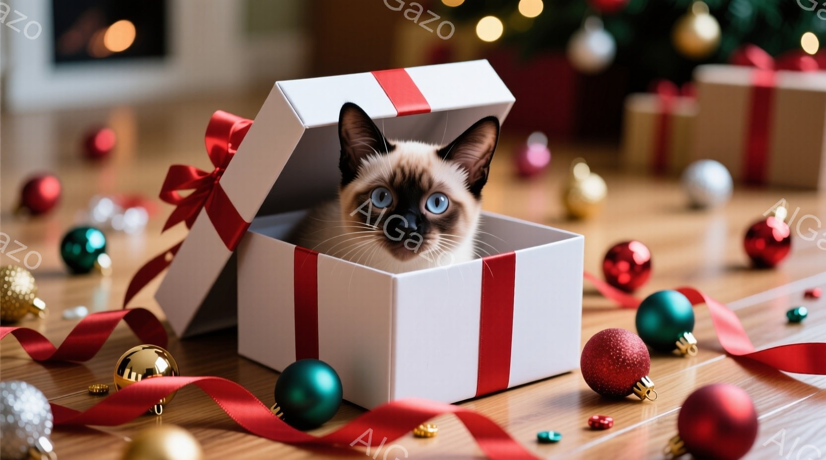 白いギフトボックスの中に、美しいシャム猫が顔を出しています。猫は青い瞳でカメラを見つめ、少しいたずらっぽい表情をしています。背景には、赤いリボンや様々な色のクリスマスオーナメントが散らばり、クリスマスの温かく楽しい雰囲気を醸し出しています。