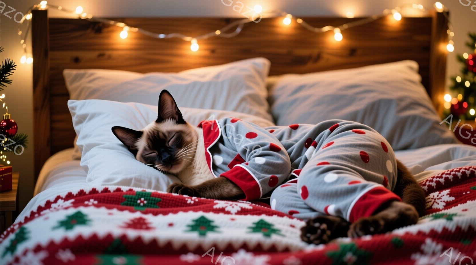 シベリアンハスキーのような猫が、水玉模様のグレーと赤のパジャマを着て、白い枕と赤い模様のベッドカバーの上で仰向けに寝ています。猫は目を閉じてリラックスした表情で、まるで人間のように快適に眠っています。 - AI生成フリー素材