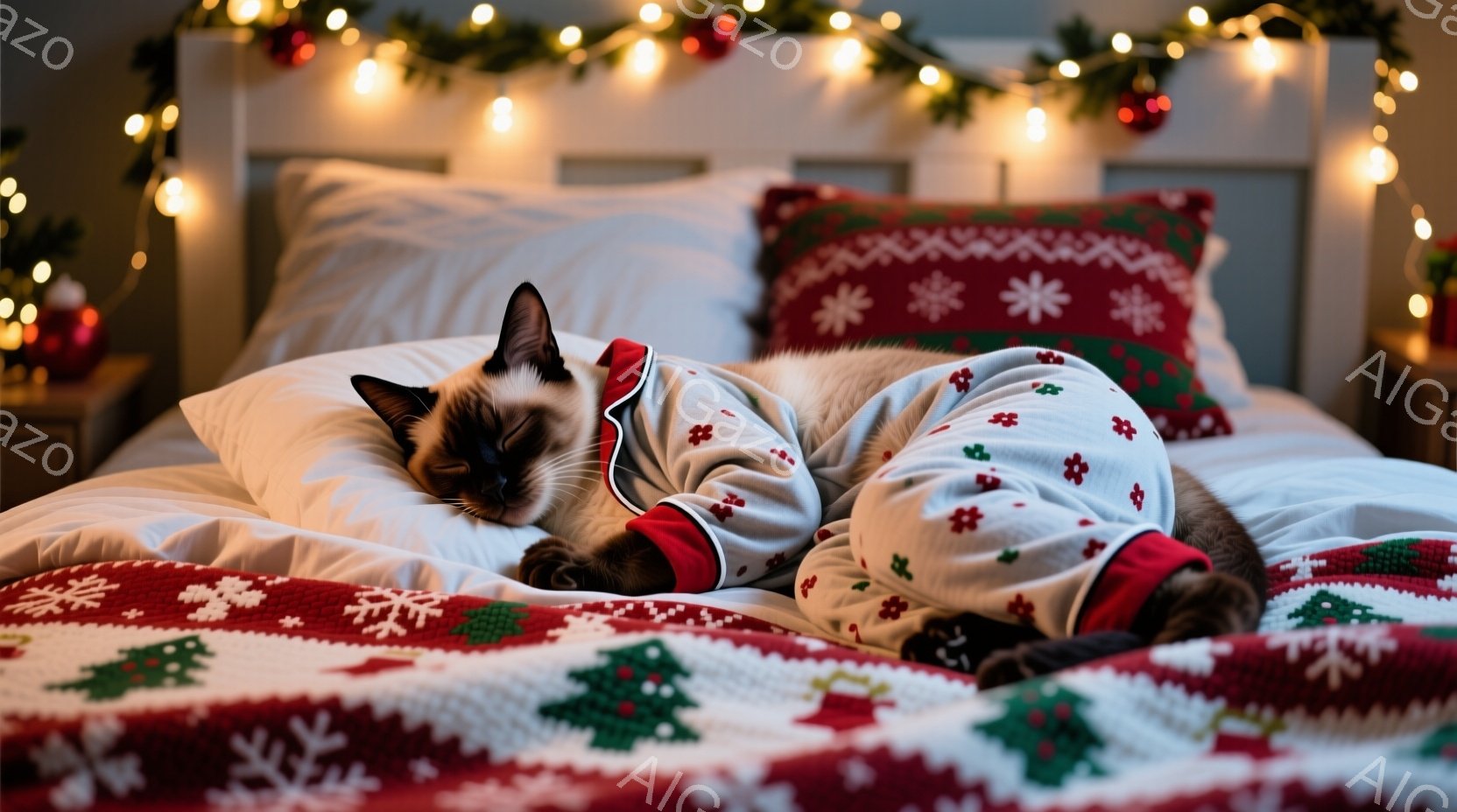 白と茶色の猫が、花柄のパジャマを着てベッドの上で丸まって眠っています。背景には赤いクリスマス柄のベッドカバーと、キラキラと光る電飾が見え、温かくて穏やかな雰囲気が漂っています。猫はリラックスした表情で - AI生成フリー素材