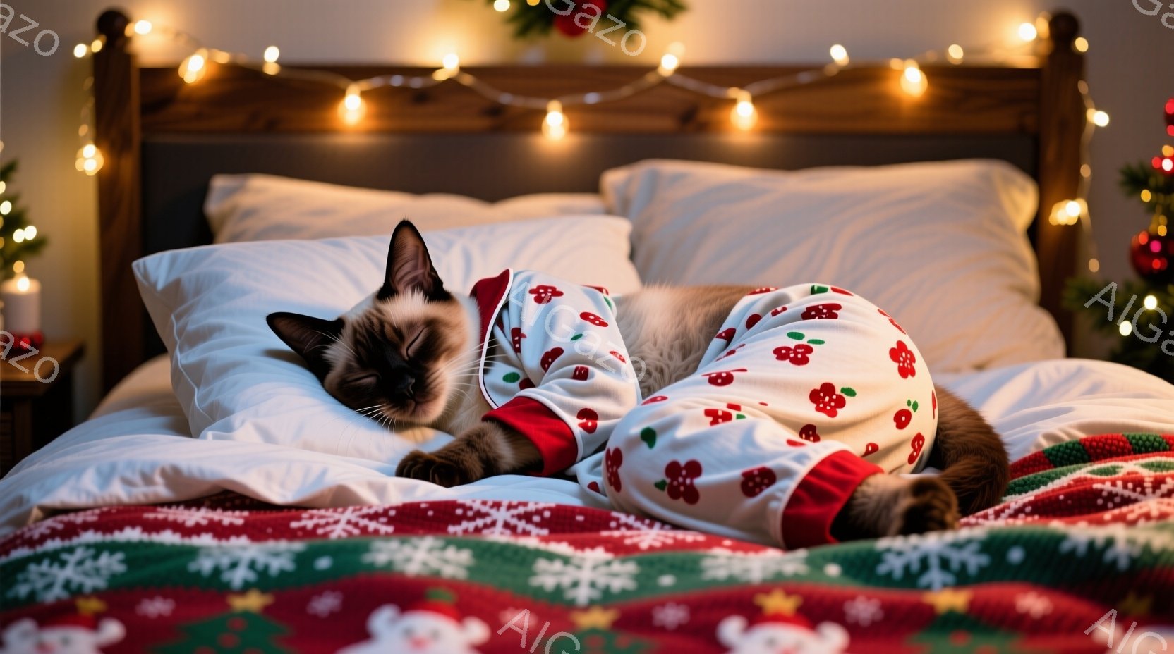 縞模様の猫がクリスマスの柄のパジャマを着てベッドの上で丸まって眠っています。背景には白い枕と、赤いクリスマス柄のブランケットが敷かれており、さらにクリスマスの飾り付けがぼんやりと見えます。温かく、居心 - AI生成フリー素材