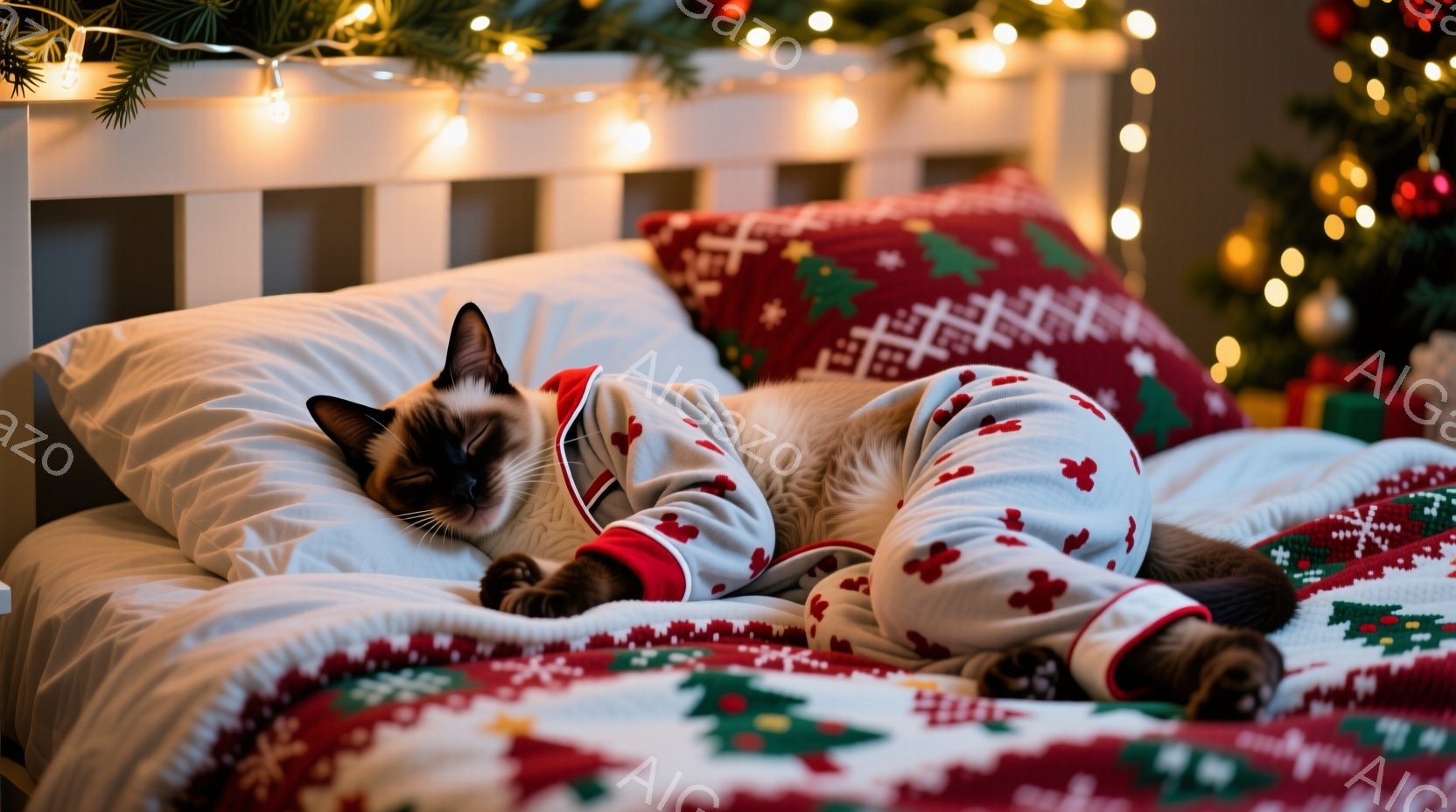 シーマ猫がクリスマスの模様が施されたベッドの上でパジャマを着て横たわっています。猫は赤い縁取りとクリスマスの柄が施された白いパジャマを着て、リラックスした表情で目を閉じています。背景にはぼやけたクリスマスツリーと飾り付けが見え、暖かく居心地の良い雰囲気を醸し出しています。