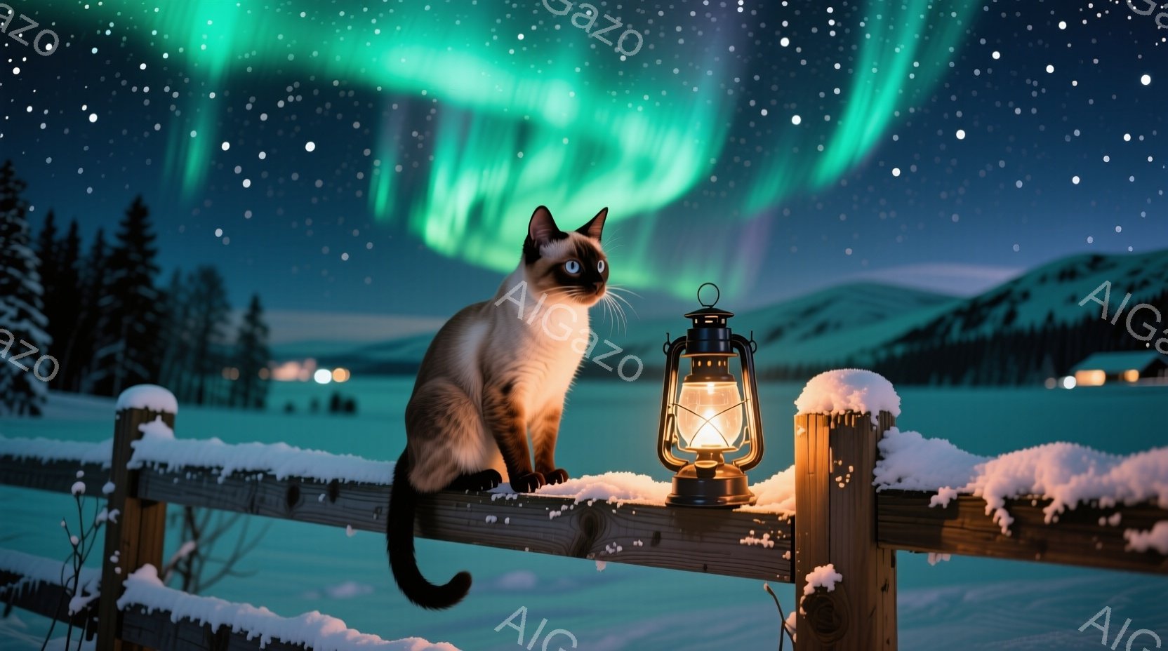 シベリアン猫が雪に覆われた木の柵の上に座り、遠くの山々を見渡しています。背景には、緑色と紫色のオーロラが広がり、雪原と木々が幻想的な光に照らされています。古いランタンが柵に置かれ、暖かく柔らかな光を放ち、冬の夜の静けさと美しさを強調しています。