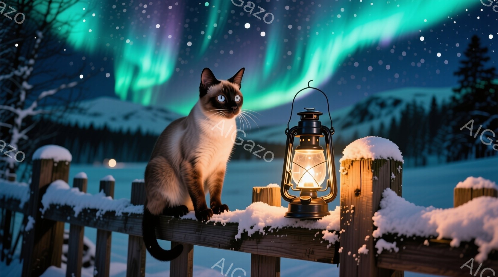 雪に覆われた柵の上に、シャム猫が優雅に座っている。背後には雪景色が広がり、遠くには森林と、オーロラが夜空を彩っている。暖色のランタンが柵の上に置かれ、幻想的な冬の風景を照らし出している。