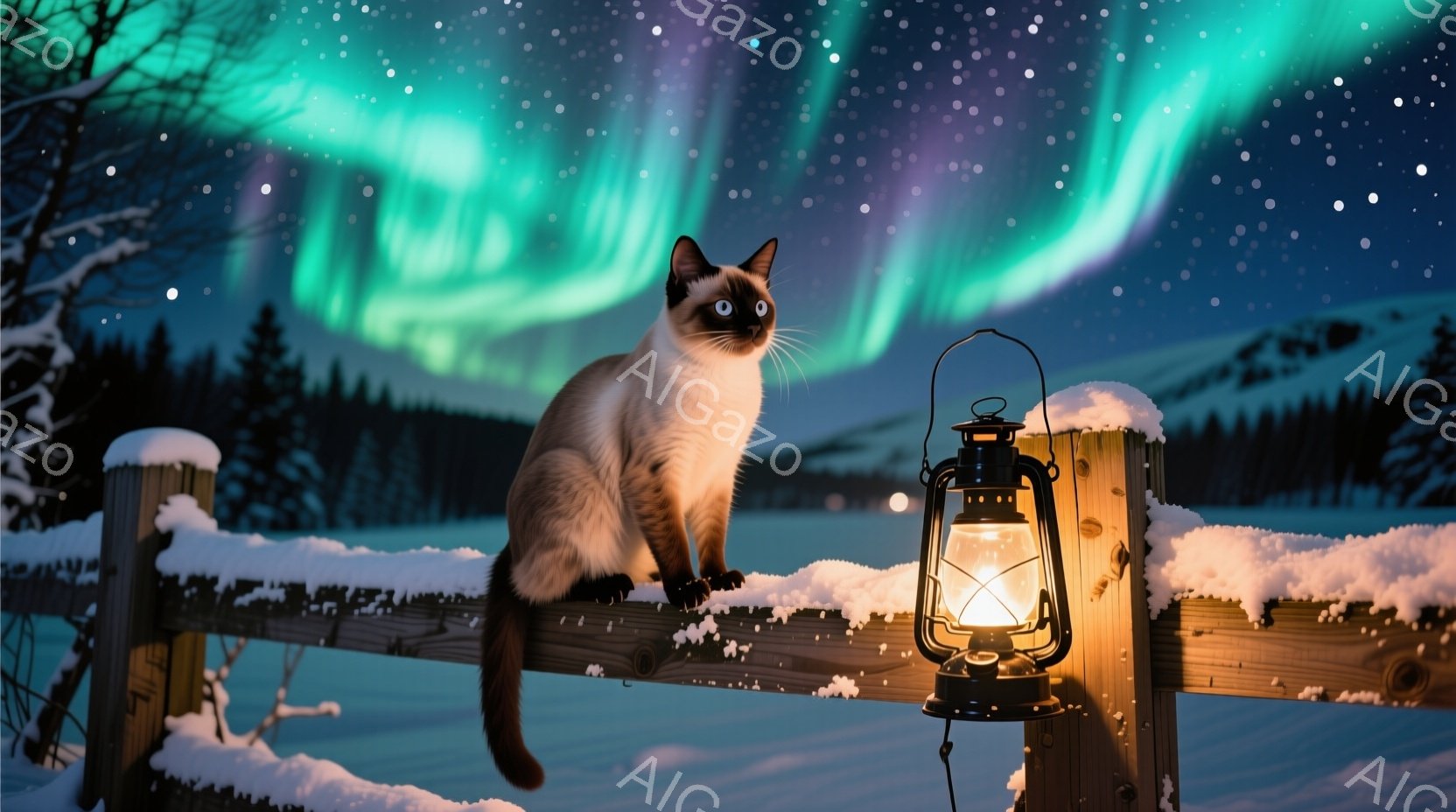 シベリアン猫が雪に覆われた木製の柵の上に座っており、遠くにはオーロラが広がっています。猫は正面を見据え、落ち着いた表情で、冬の寒さをものともしない様子が伺えます。背景には暗い森と雪景色が広がり、点在す - AI生成フリー素材