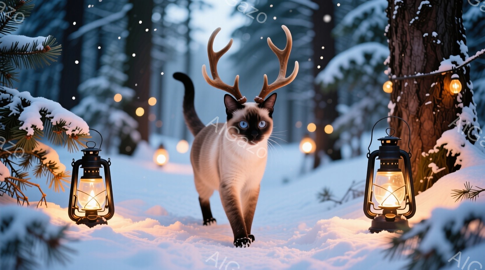雪景色の中、角を持つシャム猫がこちらに向かって歩いてくる姿が描かれている。周囲には灯りがともったランタンが並び、幻想的な雰囲気を醸し出している。背景には雪に覆われた木々が立ち並び、冬の静寂と暖かさが共存する様子が表現されている。