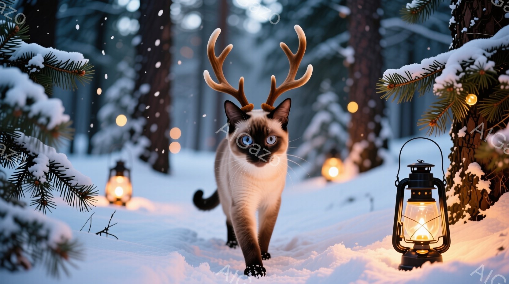 クリスマスの季節に設定された森林内で散歩する白と黒のパンダを描写しています。そのパンダは、白雪が散らばった景色の中を歩く姿勢を示しており、背景には多数の照明装置とクリスマスツリーがあります。全体的な雰 - AI生成フリー素材