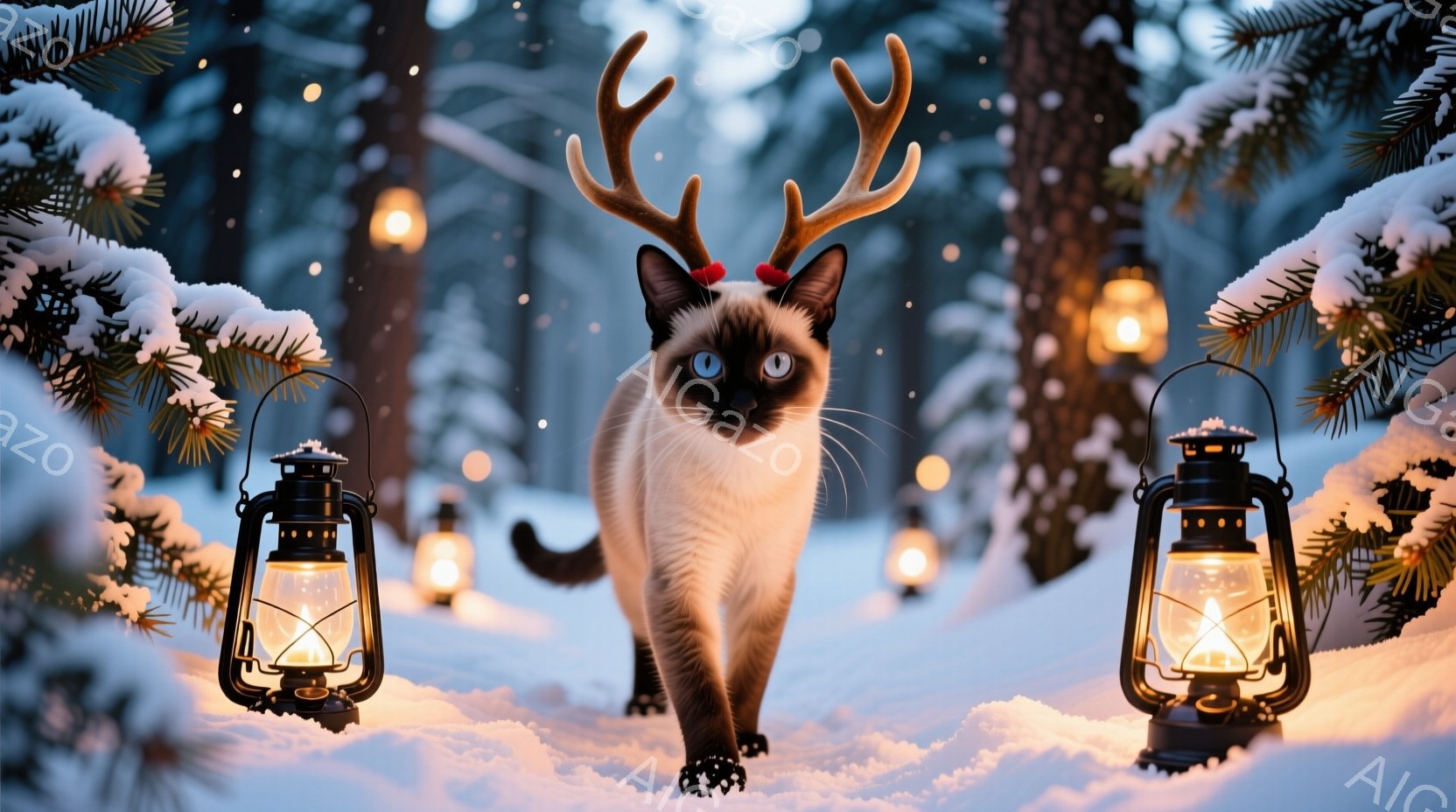 白い雪の上に、角と赤いリボンをつけたシャム猫が歩いている。背景には雪に覆われた松の木と、点灯したランタンが並び、幻想的な冬の風景が広がっている。猫はまっすぐ前を見据え、自信に満ちた表情で、温かく穏やかな雰囲気を醸し出している。