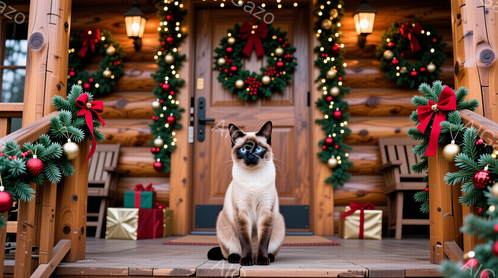 暖かい木の質感が印象的な玄関の段に、美しいシャム猫が座っています。背景には、クリスマスリースやイルミネーション、プレゼントの箱が飾られ、冬の暖かい祝祭の雰囲気を醸し出しています。猫はまっすぐ前を見ており、落ち着いた表情で、ホリデーシーズンの穏やかな情景を描写しています。