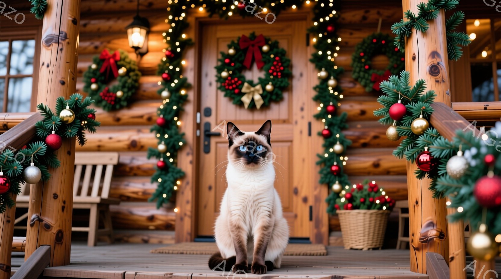 シベリアンハスキーのような毛並みの猫が、クリスマスの飾り付けがされた家の玄関ポーチに座っています。ポーチは、クリスマスリースやガーランド、オーナメントで彩られ、暖かく華やかな雰囲気が漂っています。木造の家と自然に囲まれた背景が、冬の温かい季節の到来を告げています。