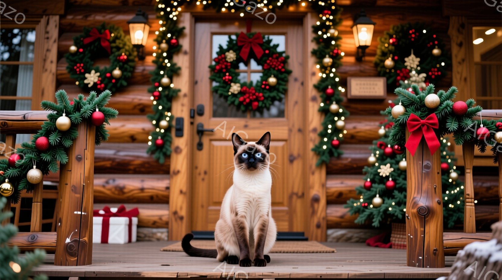 シーマル猫が木のデッキの上に座っており、正面を見据えています。背景にはクリスマスデコレーションで飾られた木のドアがあり、クリスマスリース、ライト、プレゼントボックスが配置されています。全体的に暖かく、お祝いの雰囲気で、冬の休日のシーンを表現しています。