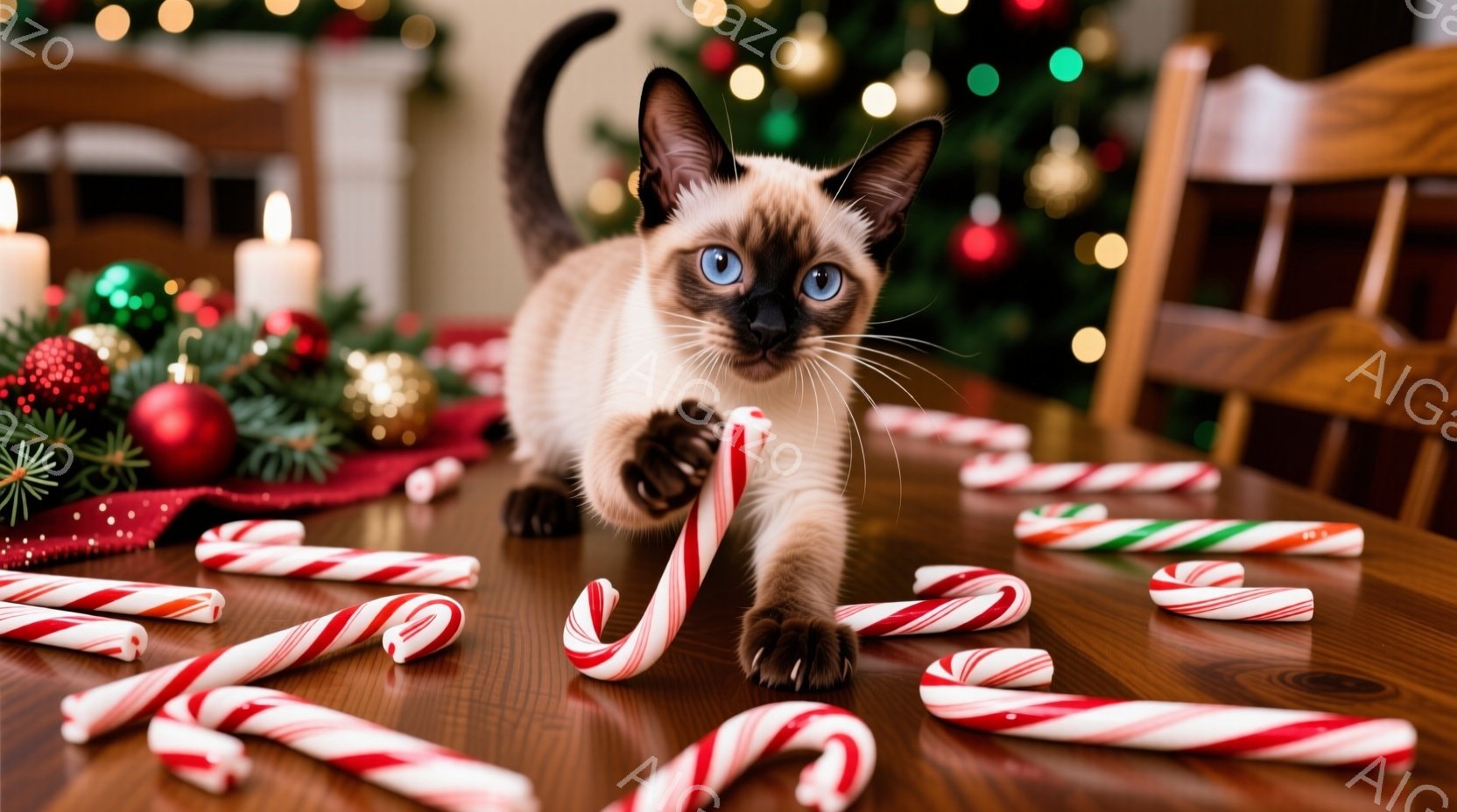 白と茶色の美しい猫が、クリスマスのキャンディケーンに囲まれた木のテーブルの上を歩いています。猫は青い目をしており、キャンディケーンを前足で軽く押さえています。背景には、ぼやけたクリスマスツリーや装飾、 - AI生成フリー素材