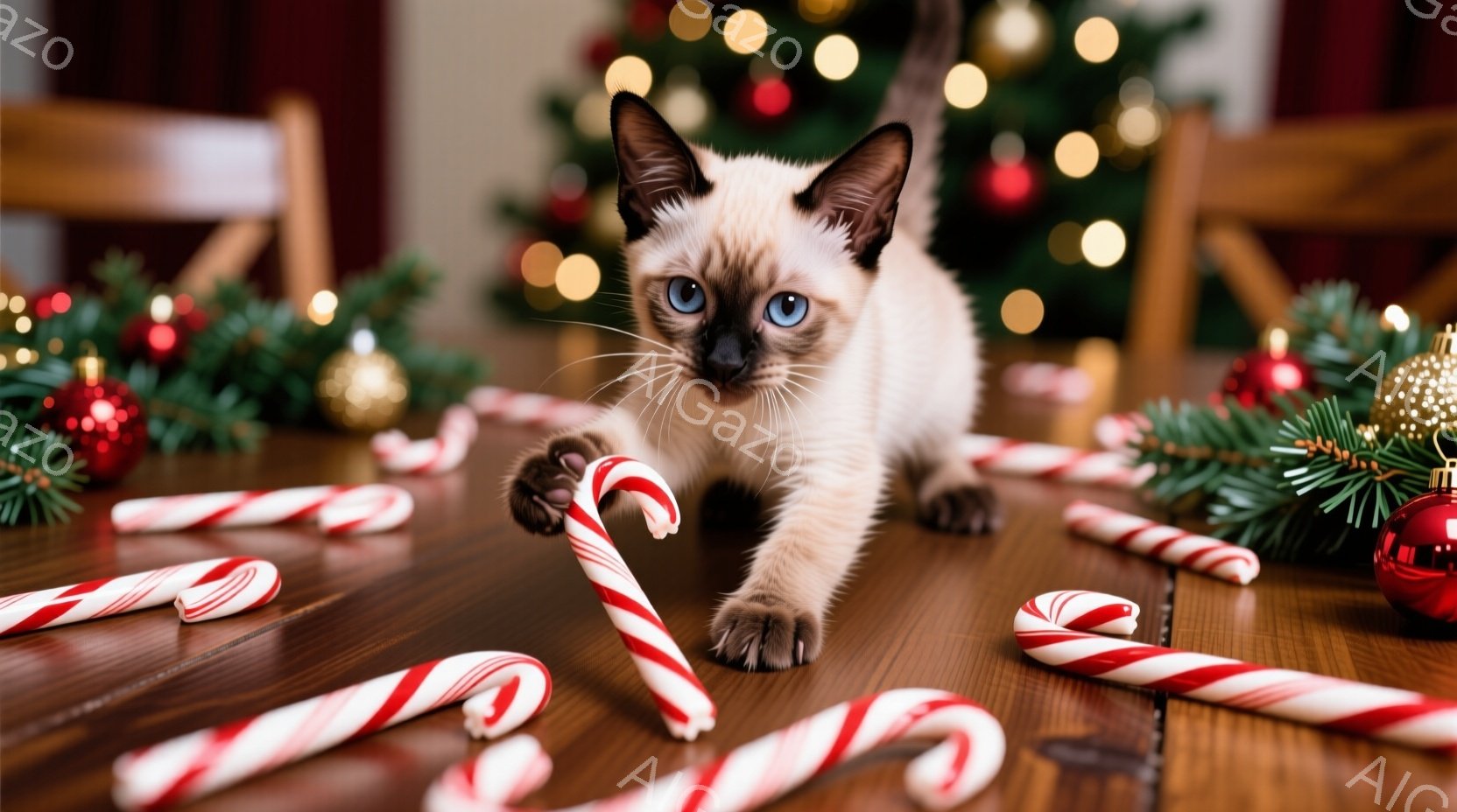 明るい茶色の木製の床の上に、縞模様のキャンディが散らばっており、その中にクリーム色のシャム猫が前足でキャンディを軽く叩いています。猫は澄んだ青い目を持ち、遊び心に満ちた表情で前方に集中しています。背景には緑のガーランドと赤いオーナメントで飾られたぼやけたクリスマスツリーがあり、暖かくお祝いの雰囲気を醸し出しています。