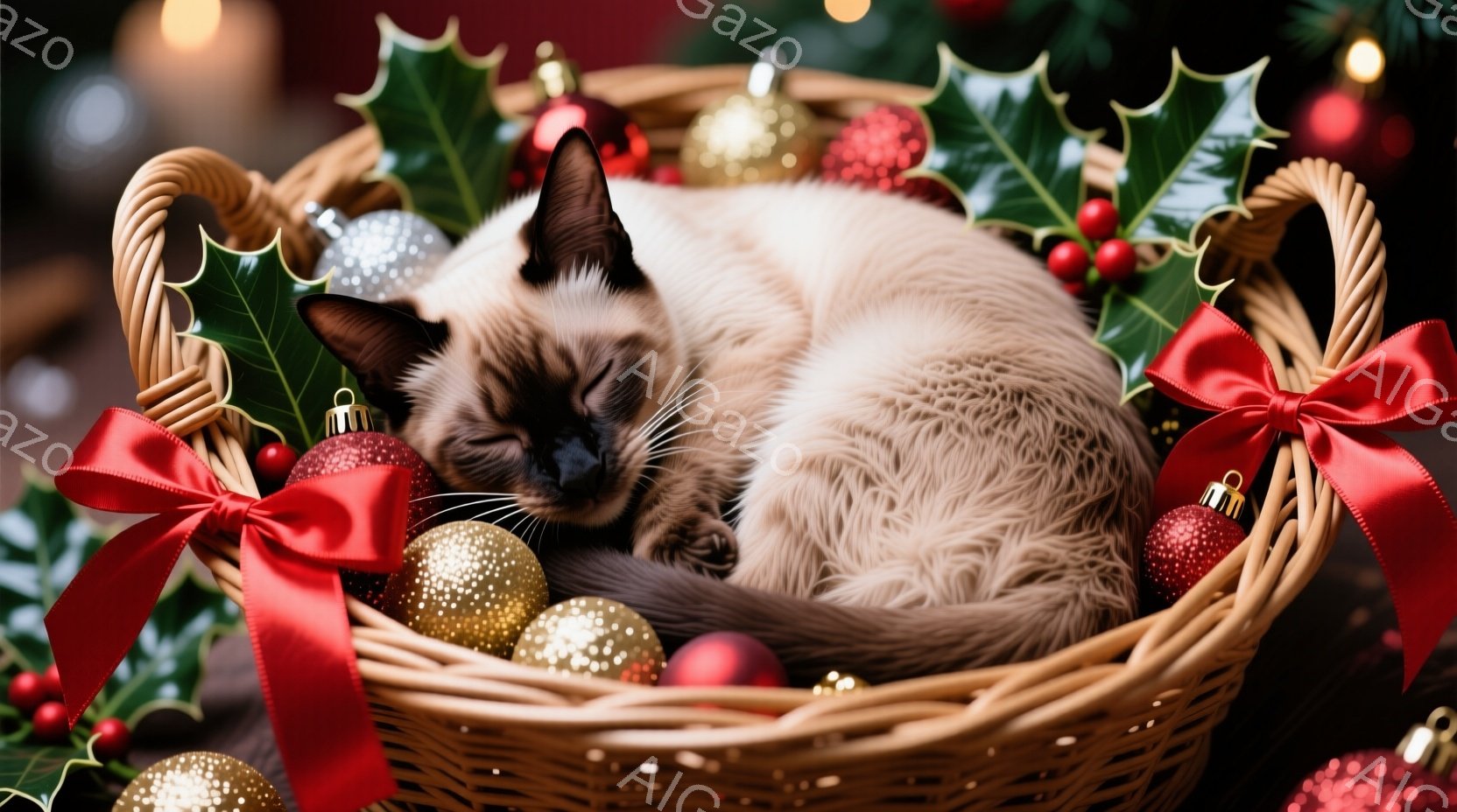 シーマル猫が、クリスマスオーナメントと赤いリボンで飾られたバスケットの中で丸まって眠っています。猫は目を閉じ、リラックスした表情で、暖かく穏やかな雰囲気を醸し出しています。背景にはぼやけたクリスマスツリーと装飾が確認でき、ホリデーシーズンらしい温かい光が全体を包んでいます。