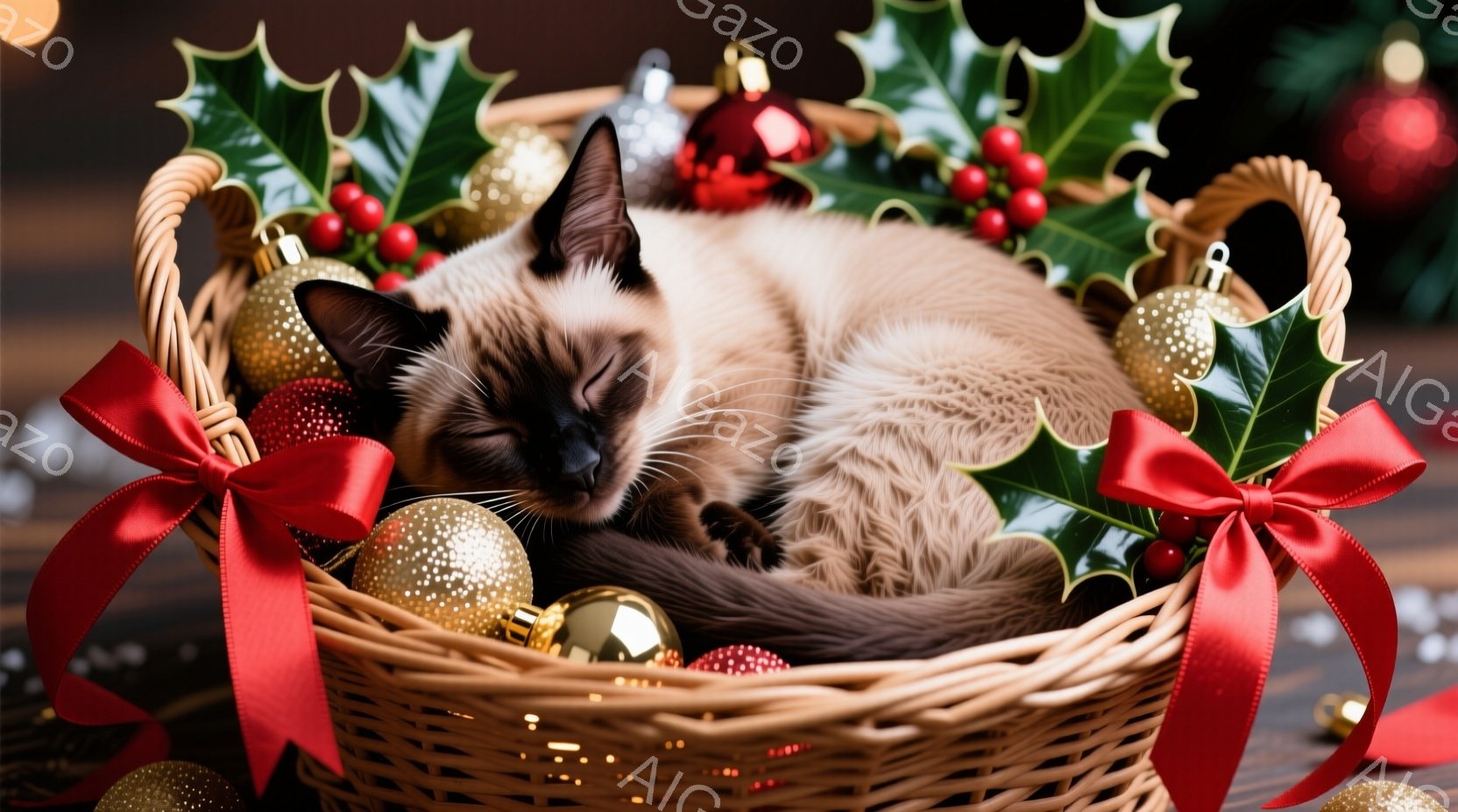 籐の籠の中に、茶色のシャム猫が丸まって眠っています。籠は赤いリボンとクリスマスオーナメントで飾られており、背景にはぼやけたクリスマスツリーの光が灯っています。全体的に、温かく、穏やかで、クリスマスの雰囲気が漂う、可愛らしい光景です。