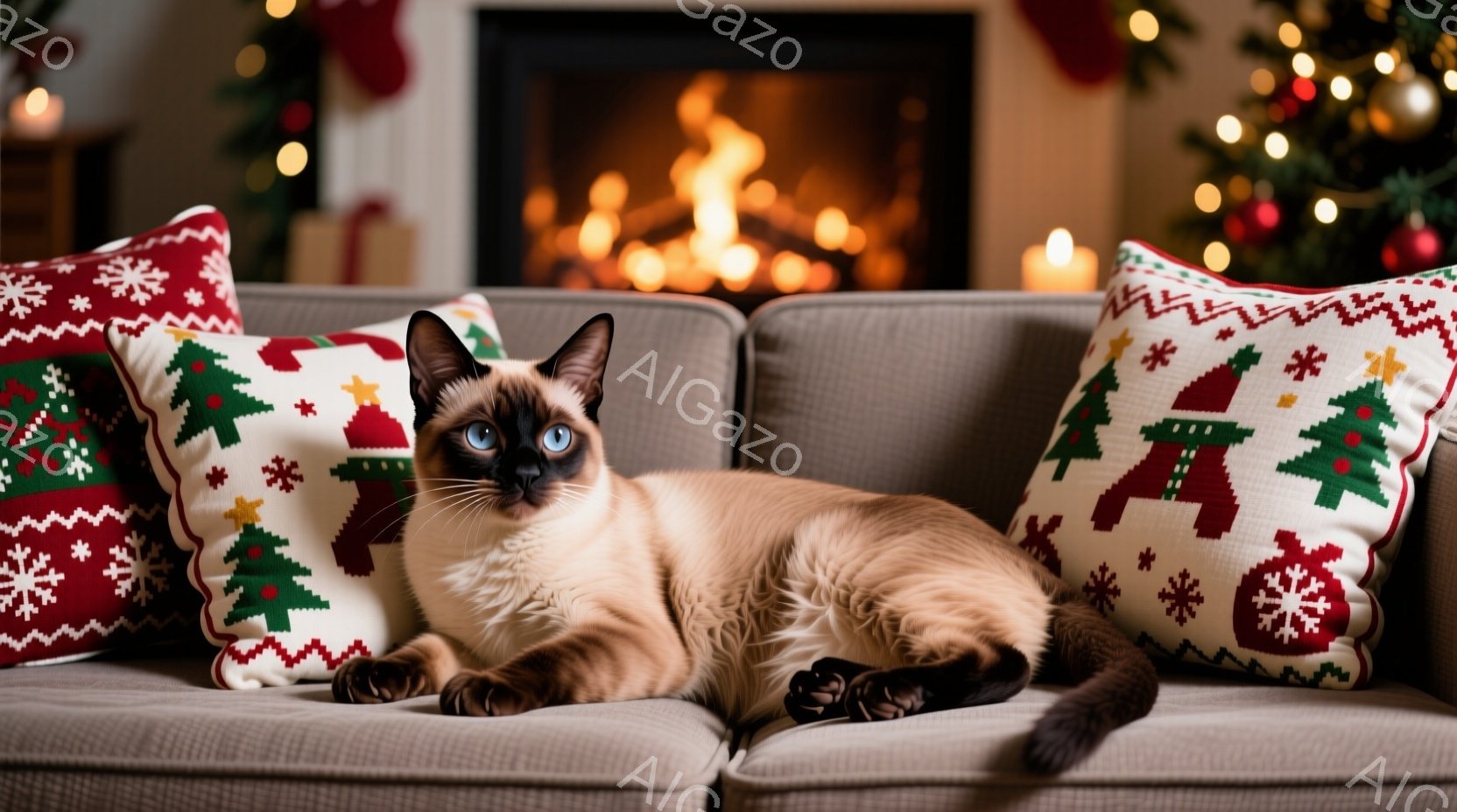 シーマル猫がクリスマスの柄のクッションに寄りかかって横たわっています。猫は青い目を持ち、リラックスした表情で、暖炉とクリスマスツリーがぼやけて見える背景は、温かく心地よいホリデーシーズンを連想させます。背景には、暖炉の火と飾り付けられたクリスマスツリーがあり、全体的に穏やかで祝祭的な雰囲気が漂っています。