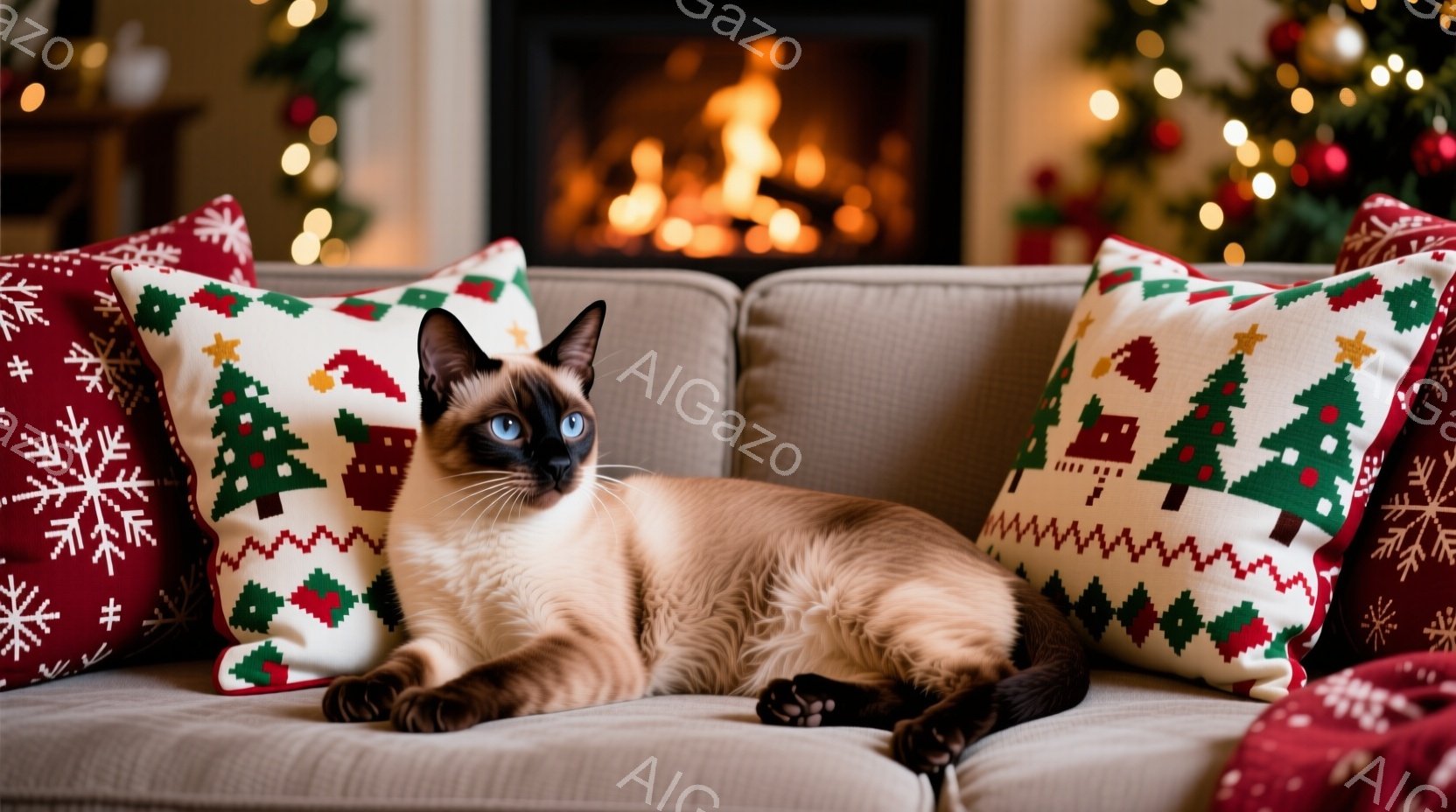 シーマル猫がクリスマス柄のクッションに横たわっており、青い瞳が印象的です。背景には暖炉の炎と、ぼやけたクリスマスツリーの明かりが見え、温かく穏やかな雰囲気が漂っています。猫はリラックスした姿勢で、まる - AI生成フリー素材