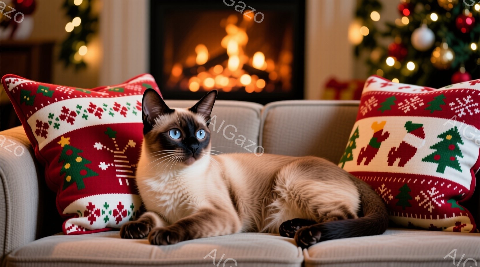 シーマ模様の猫がベージュ色のソファに優雅にくつろいでいる。背景には、クリスマスツリーの飾りと暖炉の炎が見え、温かく、お祝いムード満点の雰囲気を作り出している。猫はリラックスした表情で、まるでクリスマス - AI生成フリー素材