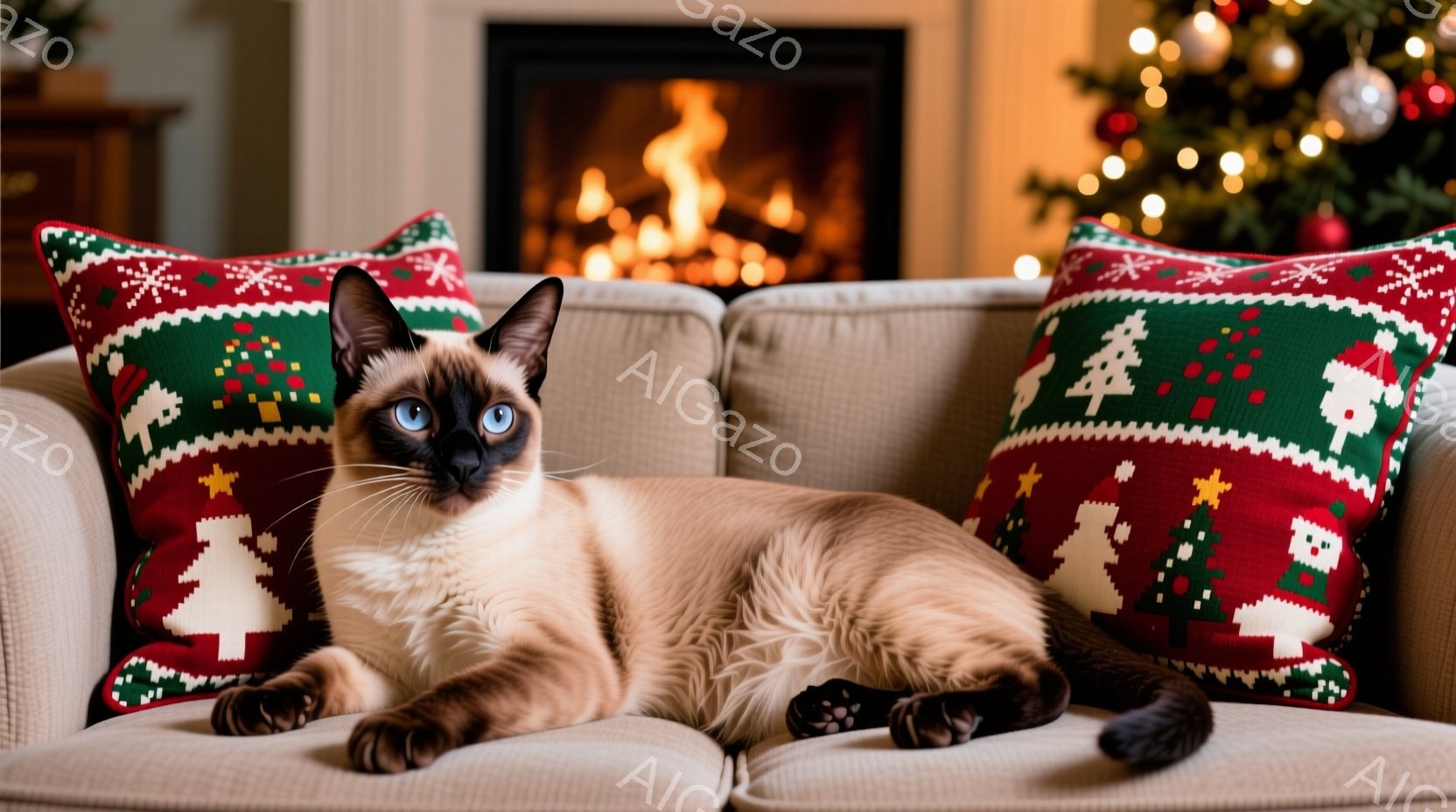 シベリアンハスキーのような毛並みの猫が、クリスマス柄のクッションに挟まれてソファーに横たわっています。その猫は澄んだ青い目をしており、リラックスした表情で正面を見つめています。背景には暖炉があり、クリスマスツリーの温かい光が差し込み、穏やかで心地よい雰囲気を醸し出しています。