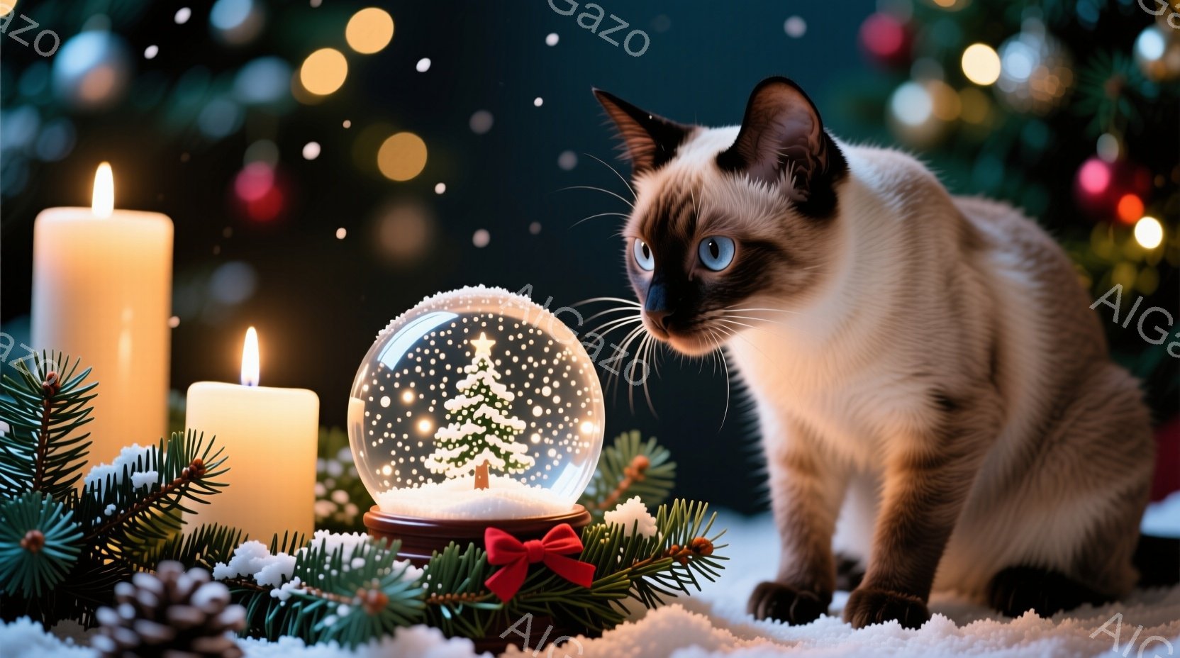 シベリアンハスキーのような毛並みの猫が、雪景色が閉じ込められたクリスマスのスノーグローブを見つめています。周りには、燃え盛るキャンドルと、赤いリボンで飾られたモミの木の枝が置かれ、雪が積もった地面が広 - AI生成フリー素材