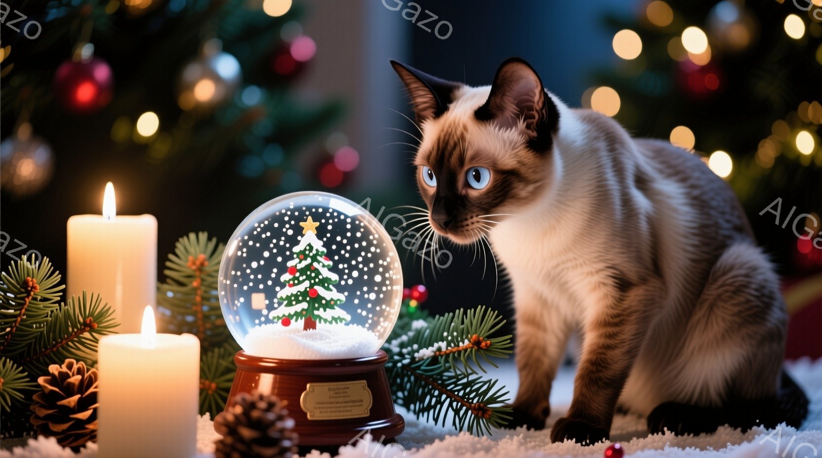 シベリアンハスキーのような毛並みを持つクリーム色の猫が、雪の結晶が散りばめられた白い表面の上に腰を下ろし、クリスマスのオーナメントであるスノーグローブを興味深そうに見つめている。背景には、ぼやけたクリ - AI生成フリー素材