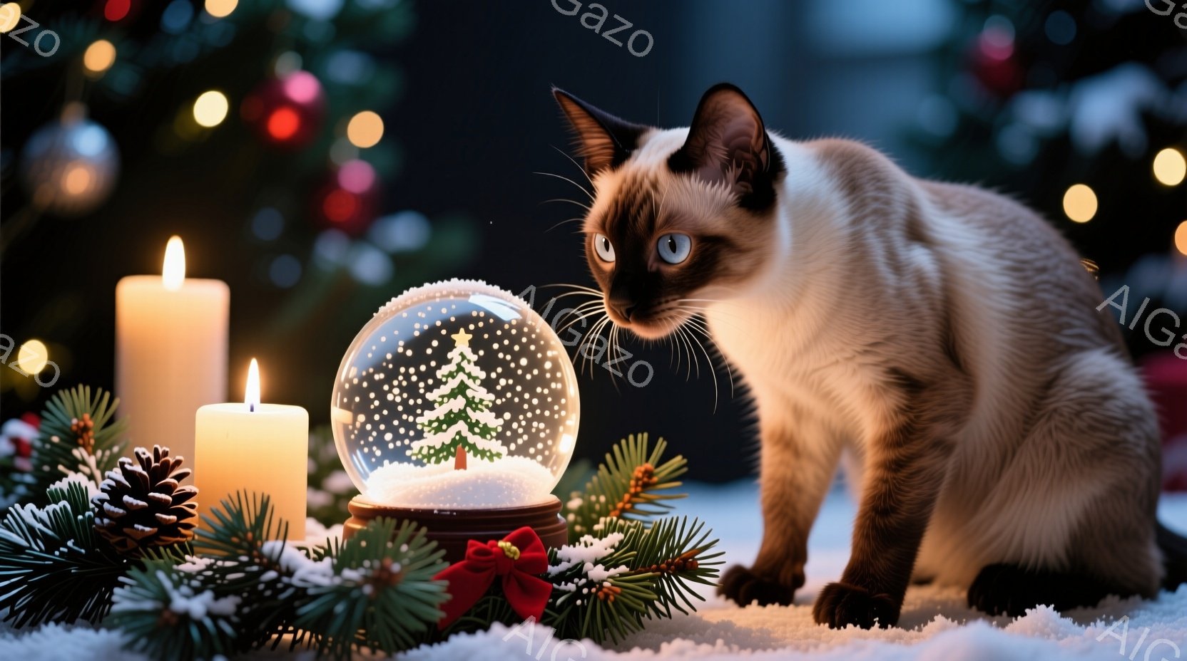 シベリアンハスキーのような毛並みの猫が、雪に覆われた背景の中で、クリスマスのオーナメントであるスノーグローブとキャンドルを見つめている。背景にはぼやけたクリスマスツリーの光がちらつき、雪が降っているよ - AI生成フリー素材