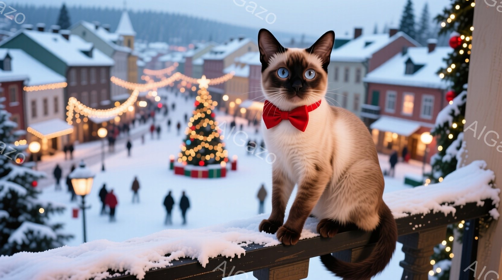 白い雪に覆われた街並みを背景に、タイ猫が手すりに座ってこちらを見ている。猫は赤い蝶ネクタイを付けており、その瞳は鮮やかなブルーで、どこか高貴な雰囲気を漂わせている。背景には、クリスマスツリーが飾られた賑やかな冬の街並みが広がり、暖かな光が雪景色を照らしている。