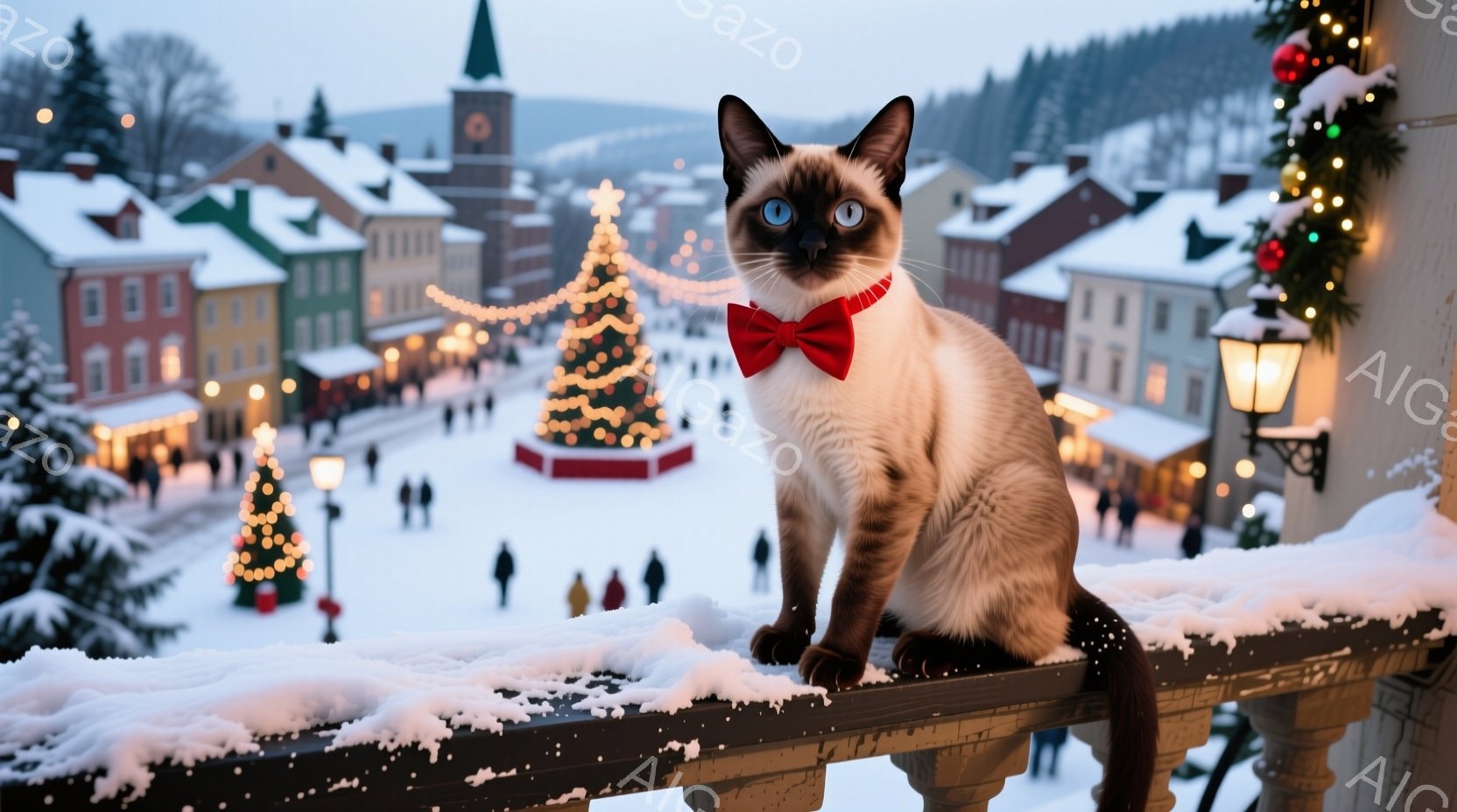 シーマル猫が雪で覆われたバルコニーの手すりに座り、赤い蝶ネクタイをつけている。背景には、クリスマスの装飾が施された建物が並び、遠くには雪に覆われた山々が見える。全体的に、暖かく、お祭り気分で、冬の穏やかな雰囲気が漂っている。