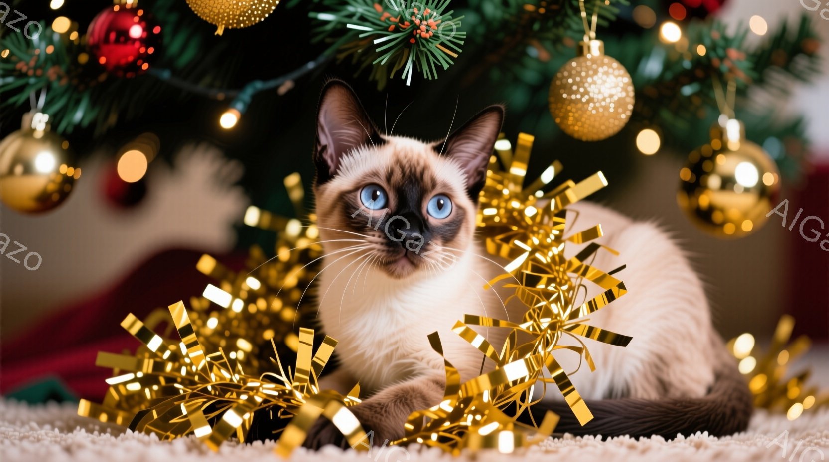 シーマルーの猫が、クリスマスの飾り付けられたツリーの足元で、金色のガーランドに囲まれて横たわっています。猫は薄茶色の毛並みで、鮮やかな青い目をしており、リラックスした表情でこちらを見つめています。背景 - AI生成フリー素材