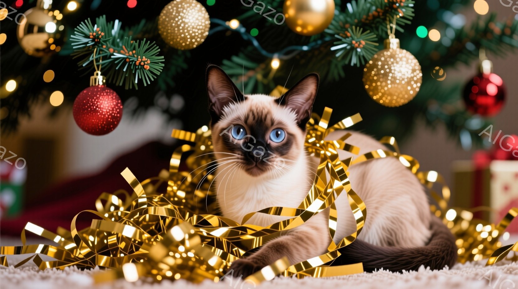 シーマル猫がクリスマスツリーの足元で金色のリボンに囲まれて横たわっています。猫は明るいブルーの目を持ち、リラックスした表情で、お祝いの雰囲気に浸っています。背景には、飾り付けられたクリスマスツリーと、プレゼントのようなものがぼやけて見え、温かく幸せなクリスマスの雰囲気が漂っています。