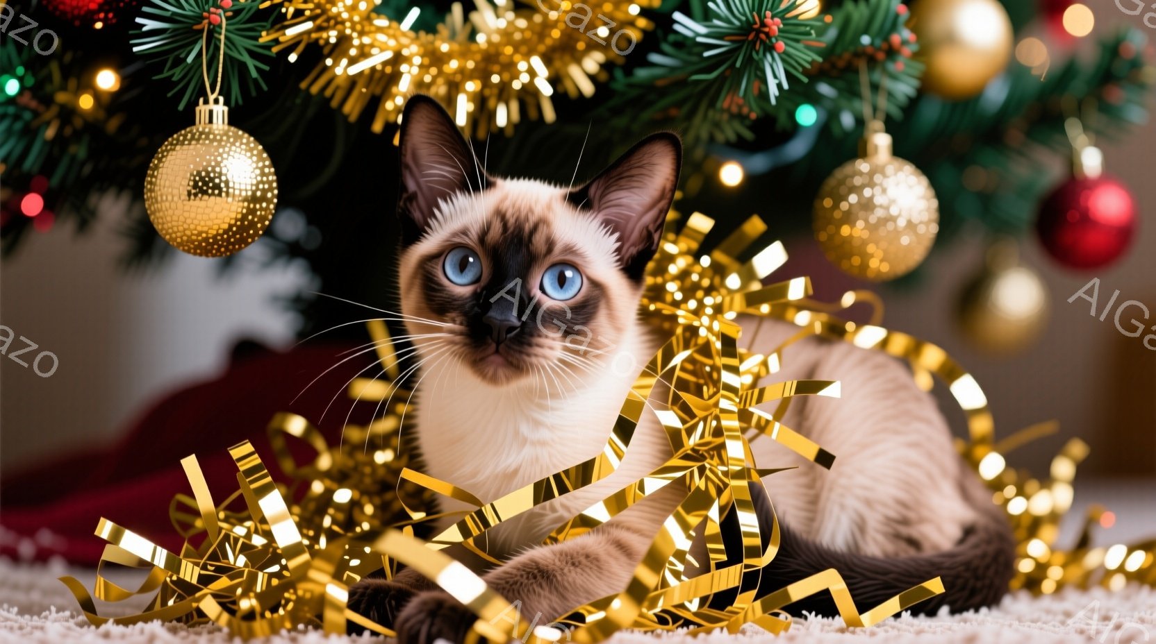 シーマルーの猫が、クリスマスツリーの足元に横たわっています。金色のリボンが猫の周りに散らばり、明るく華やかな雰囲気を演出しています。背景にはクリスマスツリーが飾られ、赤や金のオーナメントが輝き、お祝い - AI生成フリー素材
