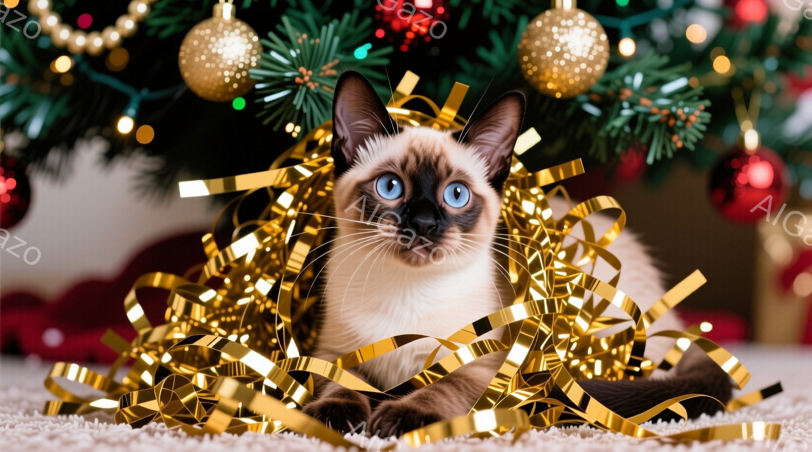 この人物がいません。代わりに、柴野目が描かれたペットの写真です。その柴野目の猫は青い瞳を持ち、金色のバルーンと白のクリスマスツリーの背景に座ります。猫は優美なポーズをとり、身体を整えており、その表情は安らかでした。
