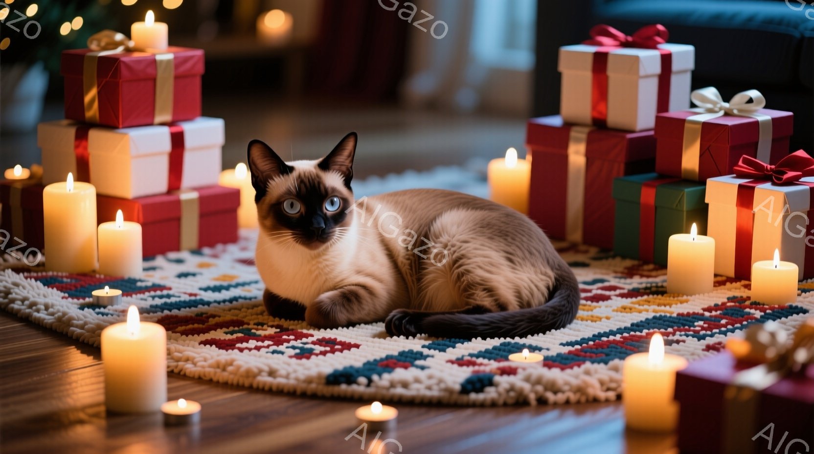シーマル猫が円形のカラフルなラグの上に横たわっており、周囲には様々な大きさのロウソクが置かれています。背景には、リボンで飾られたギフトボックスが積み重ねられており、クリスマスや特別な機会を思わせる暖かく、お祝いの雰囲気が漂っています。柔らかい照明とロウソクの光が猫の毛並みを照らし、リラックスした、平和な雰囲気を醸し出しています。