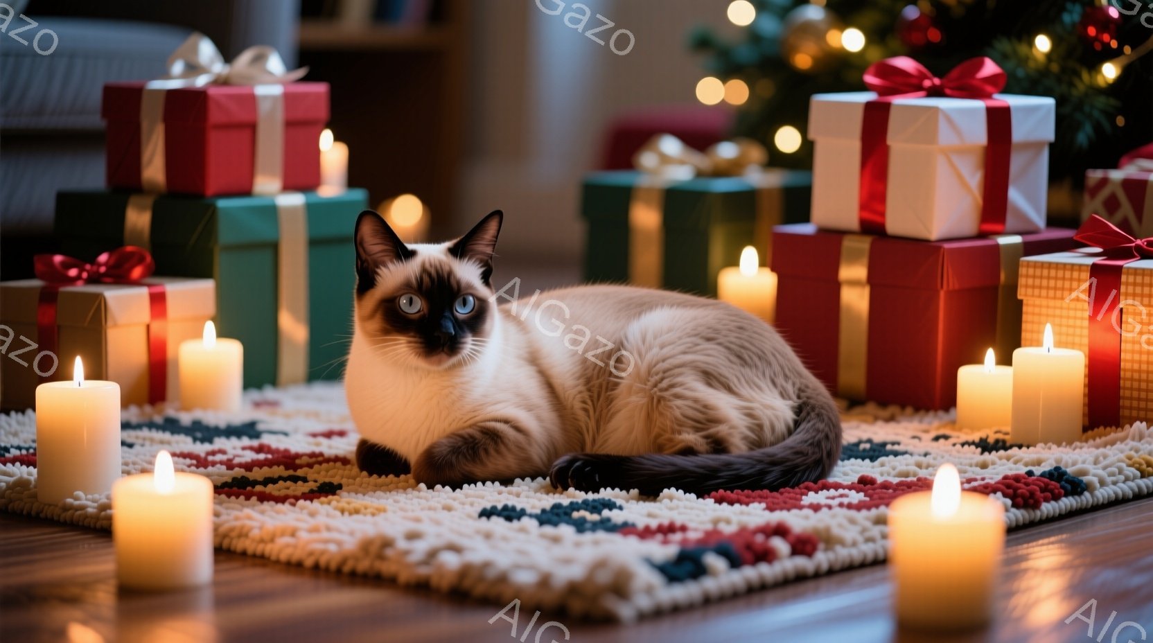 シーロの猫が赤い絨毯の上に丸まって座っており、その周りには点灯した白いキャンドルが並んでいます。背景には、赤い、緑、白のリボンで飾られたプレゼントの山が積み重ねられており、ぼやけたクリスマスツリーがわずかに見えます。暖かく、お祝いの雰囲気が漂い、猫はリラックスして心地よさそうに見えます。