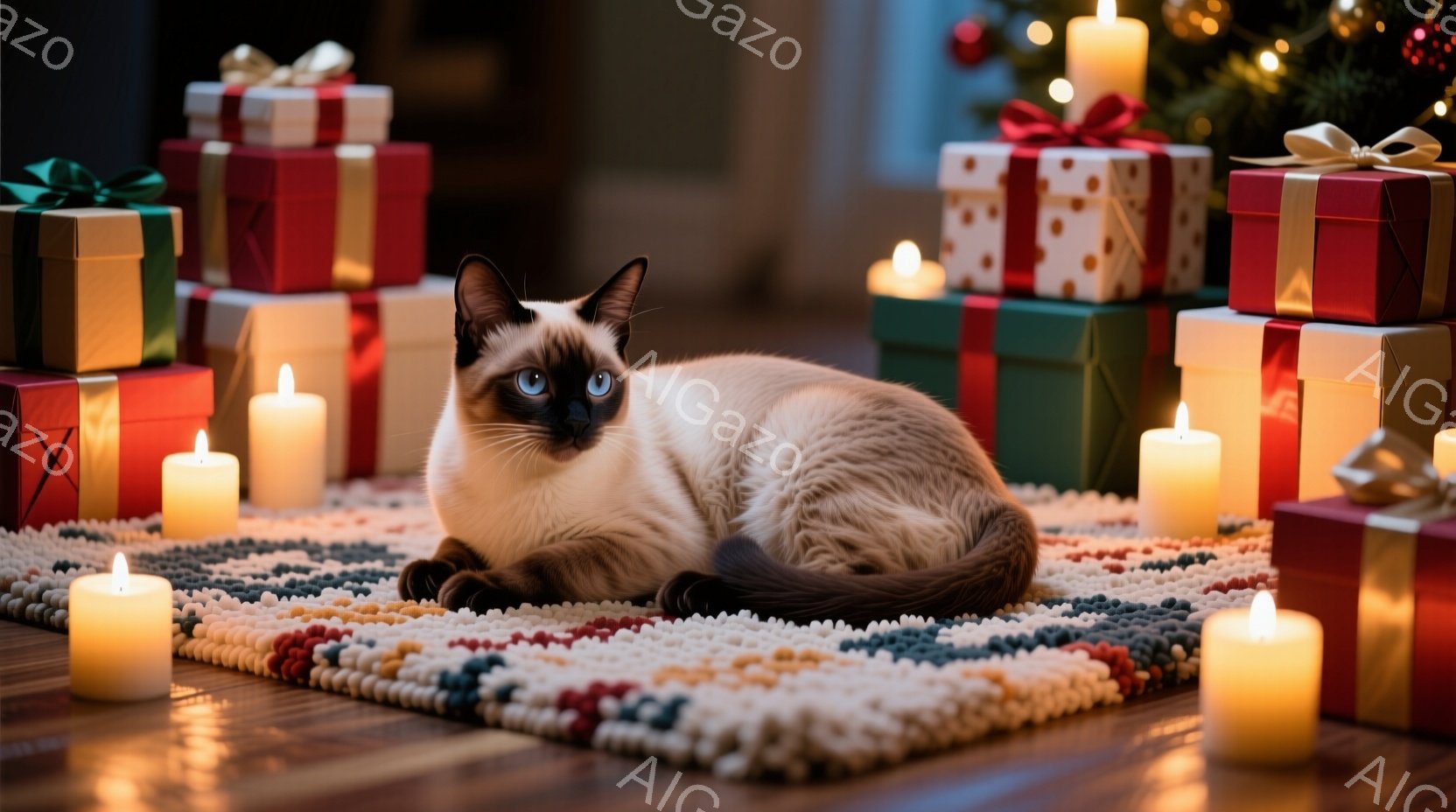 シーマル猫がカラフルなラグの上に横たわっており、その周りには点灯したキャンドルとプレゼントの山が置かれています。猫はリラックスした様子で、青い瞳が印象的です。背景にはぼやけたクリスマスツリーが見え、暖かくお祝いムードを醸し出しています。