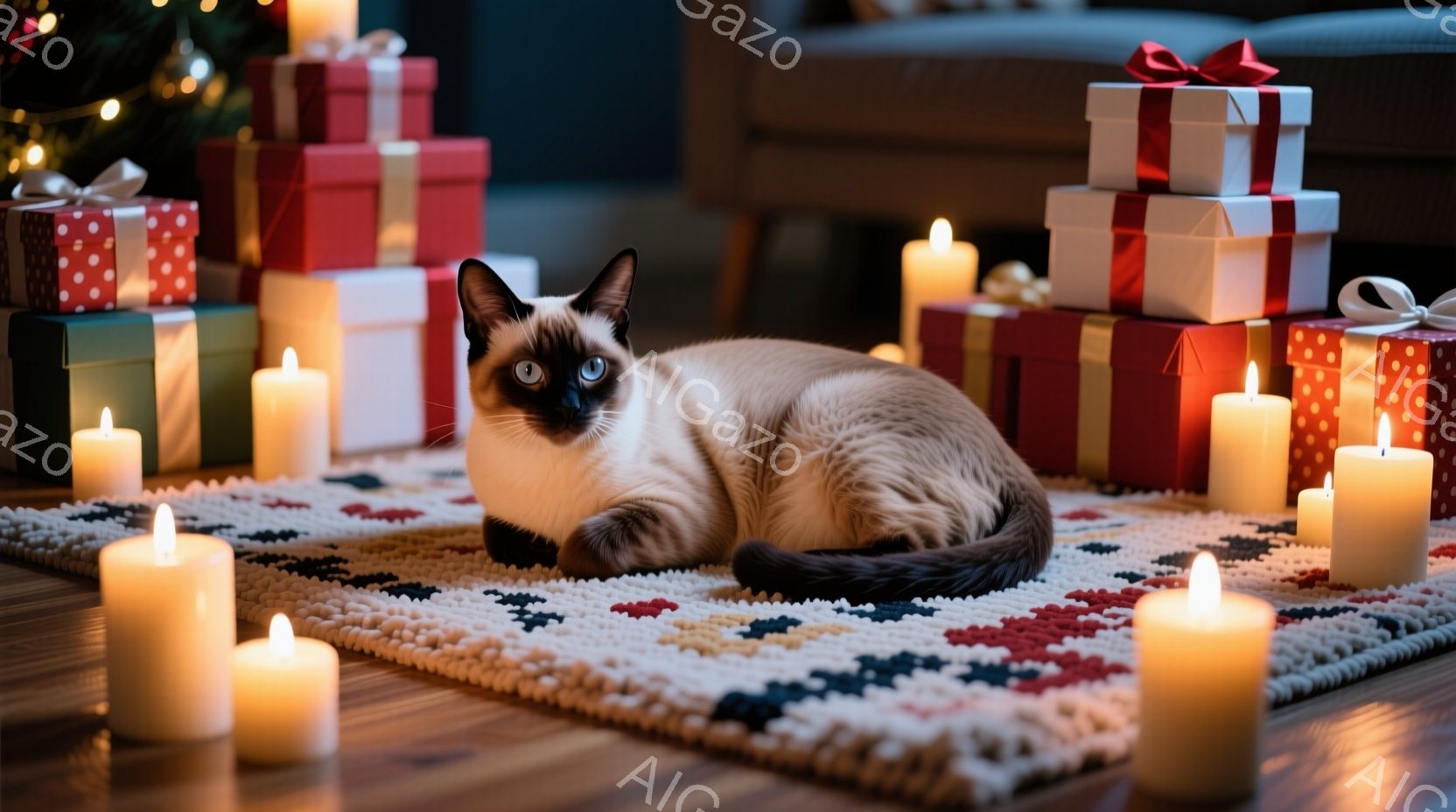 暖炉の敷物の上で、美しいシャム猫がリラックスして横たわっています。周りには様々な大きさのキャンドルが灯され、背景には色とりどりのプレゼントの山が積み上げられています。温かく穏やかな光が猫とプレゼントを照らし、クリスマスの幸せな雰囲気を醸し出しています。