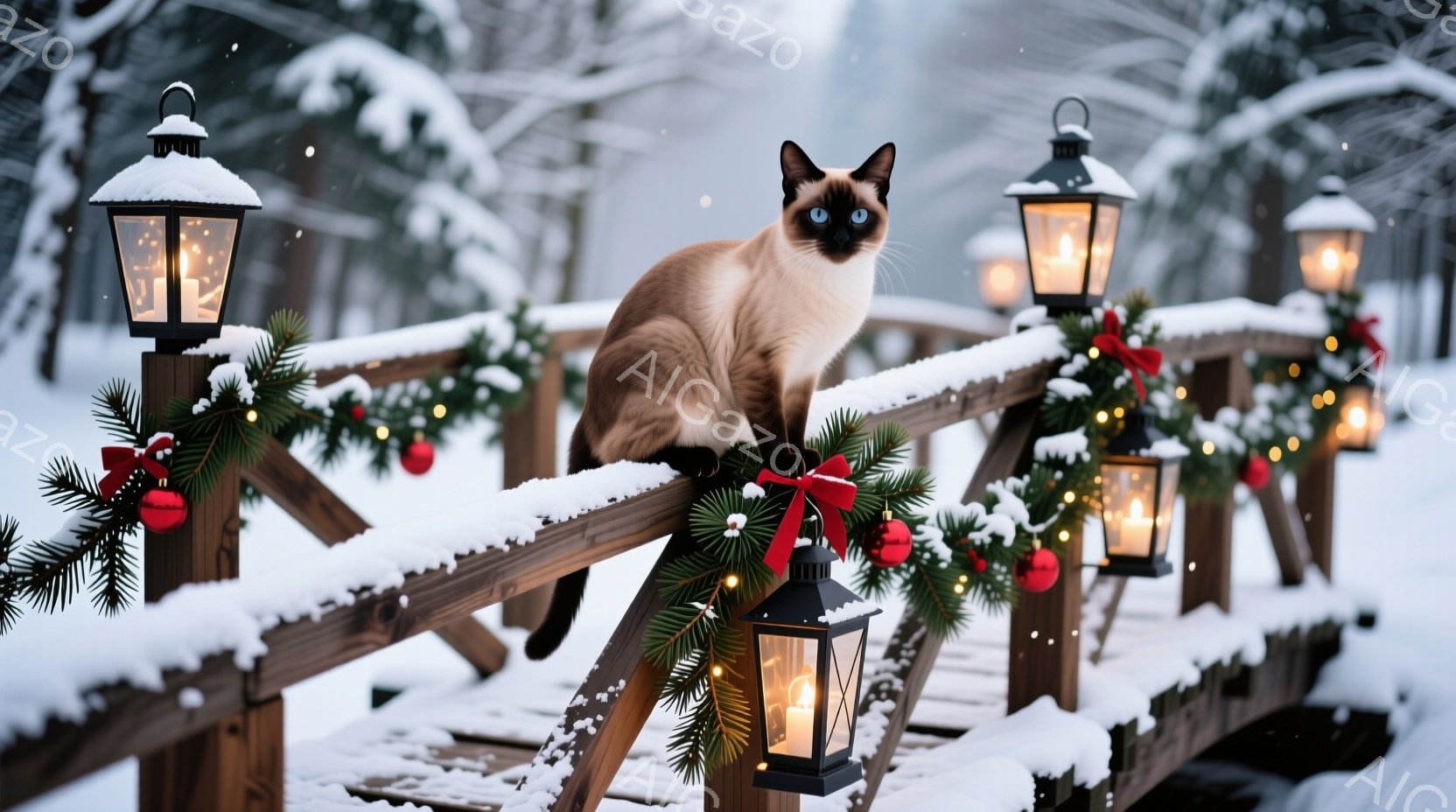 雪が舞う木製の橋の上に、シャム猫が優雅に座っています。橋の手すりには、赤いオーナメントと緑のガーランドが飾られ、周囲には明かりを灯したランタンが並んでいます。全体的に暖かく、冬のホリデーシーズンらしい、穏やかで幻想的な雰囲気です。
