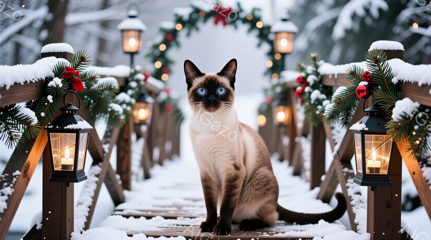 シーマル猫が雪で覆われた木製の階段に座っており、澄んだ青い目をカメラに向けています。背景には、クリスマス装飾が施されたアーチと、灯りが灯ったランタンが並び、幻想的な雰囲気を醸し出しています。全体的に、穏やかで冬の温かさを感じる、美しい光景です。