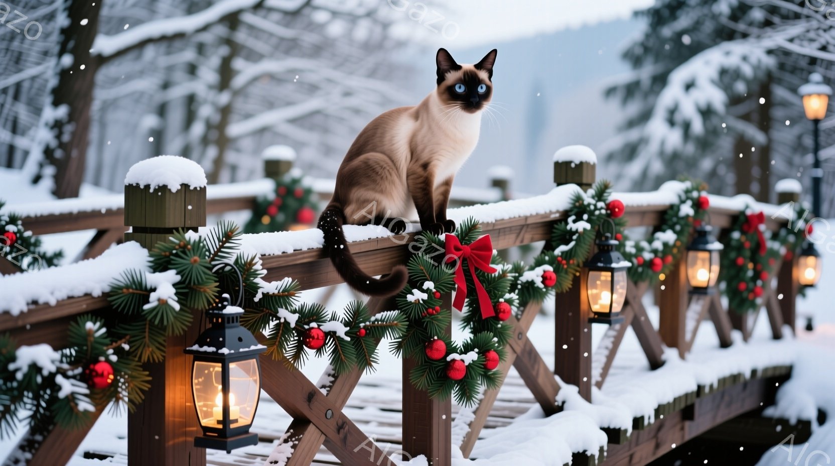 雪が降る木製の橋の上に、シャム猫が優雅に座っています。橋はクリスマスリースや赤いオーナメントで飾られ、周囲には雪に覆われた木々が生い茂っています。穏やかで暖かいクリスマスの雰囲気を醸し出しており、猫の視線はどこか遠くを見つめています。