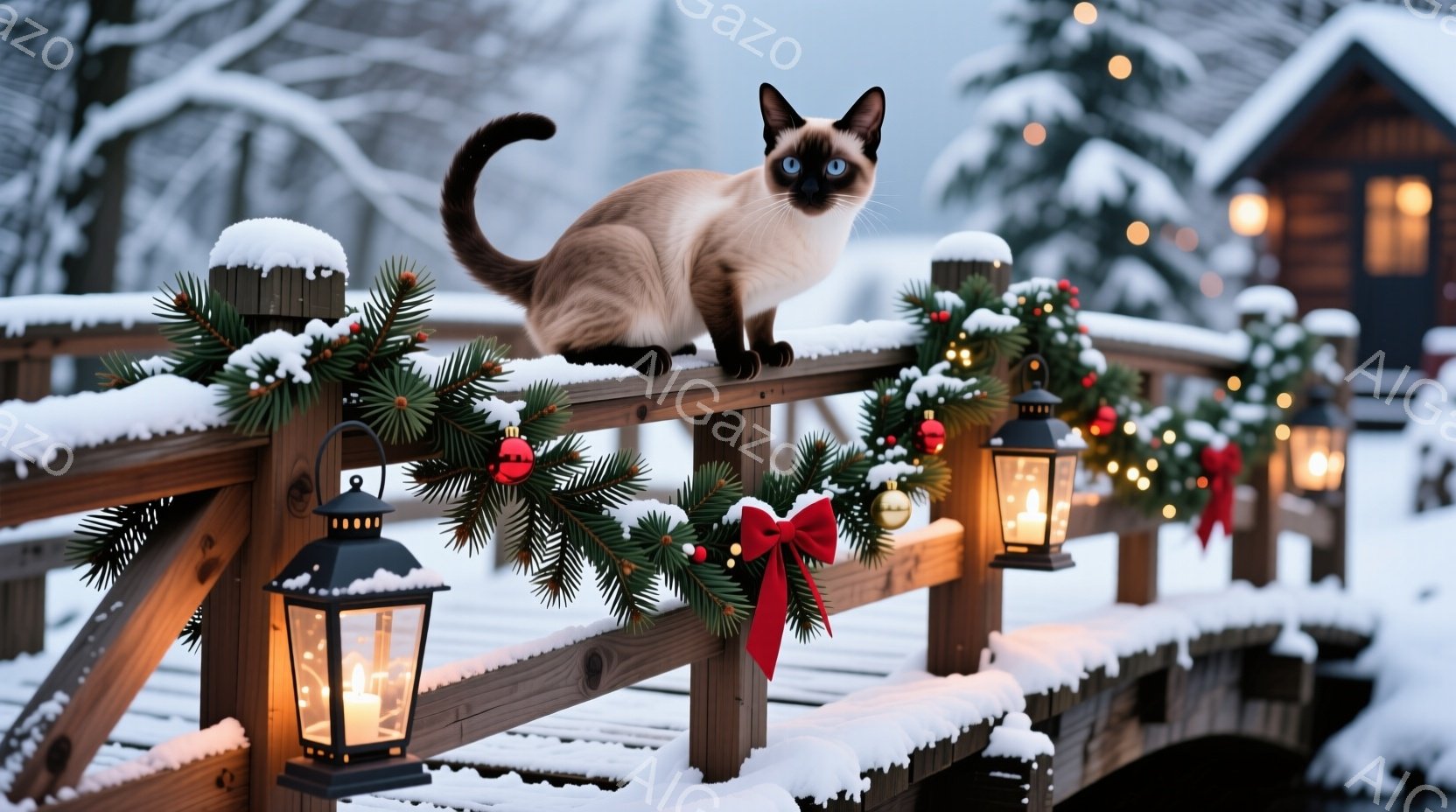 雪に覆われた木製の橋の上に、シャム猫が優雅に座っています。橋にはクリスマスツリーの飾り付けや赤いリボン、点灯したランタンが並び、冬の暖かな雰囲気を醸し出しています。背景には、雪景色の中に灯りがともった - AI生成フリー素材