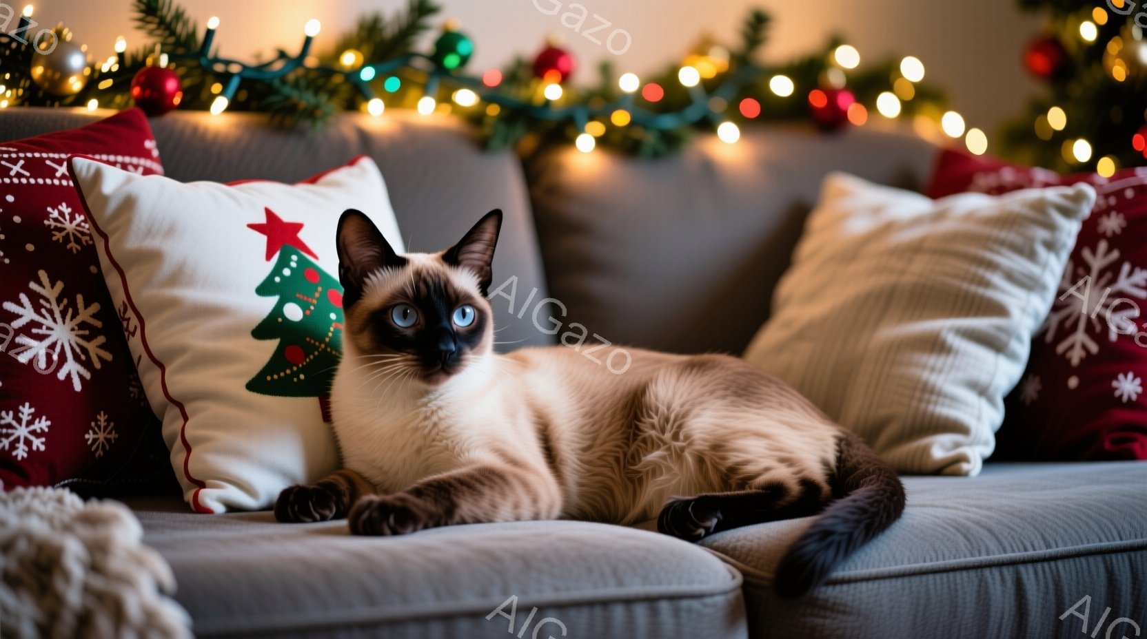 ソファに横たわるシャム猫が写っている。猫は明るいクリーム色の体毛と濃い茶色の耳、顔、足が特徴で、青い瞳が印象的だ。背景にはクリスマスらしい装飾が施されており、赤いクッションや光るガーランドが温かい雰囲気を演出している。