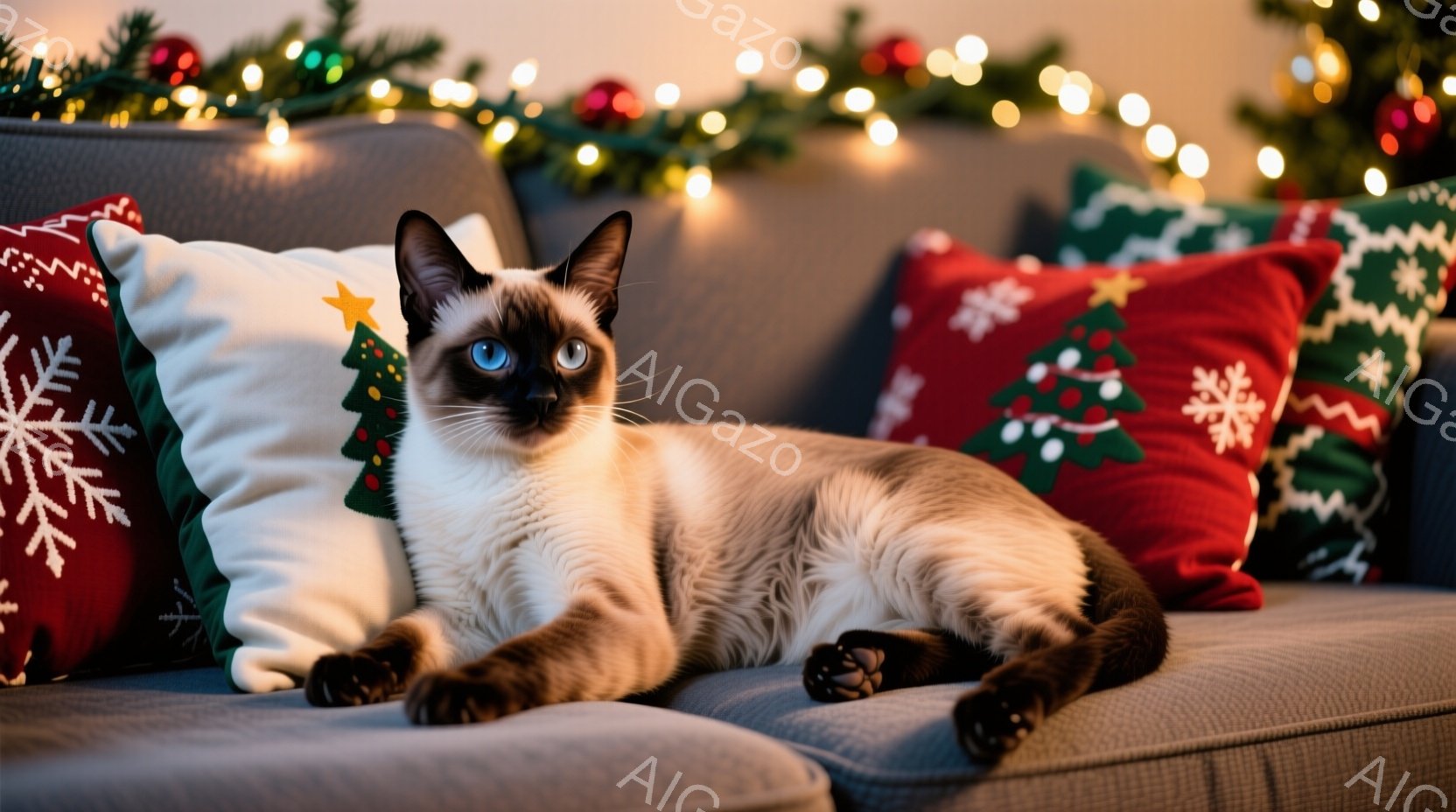 ソファに横たわるシャム猫が写っています。青い瞳が印象的で、リラックスした表情でこちらを見ています。背景にはクリスマスらしい赤と緑のクッションと、ぼんやりとした光の装飾が見え、温かく穏やかな雰囲気が漂っています。