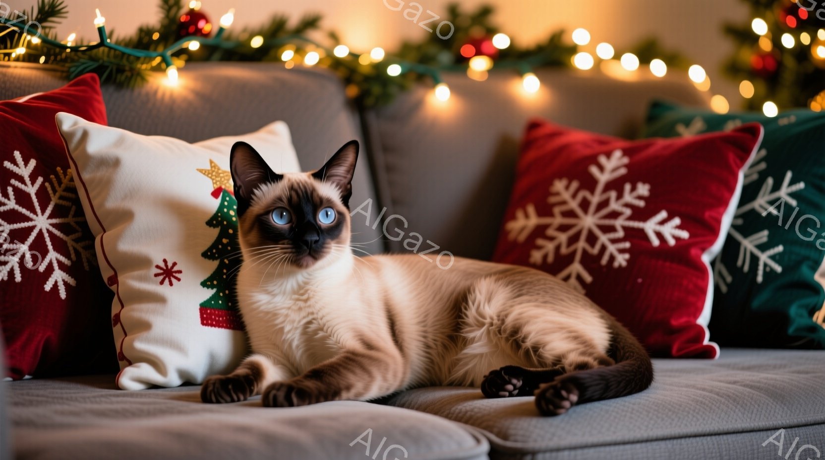 シベリアンハスキーのような毛色をした猫が、クリスマス柄のクッションに囲まれた灰色のソファに横たわっています。猫は落ち着いた表情でカメラを見つめ、リラックスした姿勢で体を伸ばしています。背景には、クリス - AI生成フリー素材