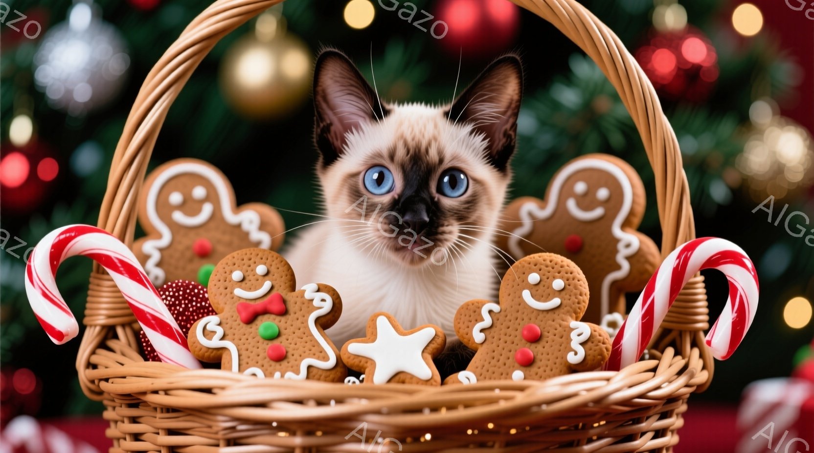 白くて茶色のシャム猫が、クリスマスの飾りが入ったバスケットの中からこちらを見ています。猫の目は青く、表情は少し驚いたようにも見えます。背景にはぼやけたクリスマスツリーの飾りが見え、全体的に温かく、お祝いの雰囲気が漂っています。
