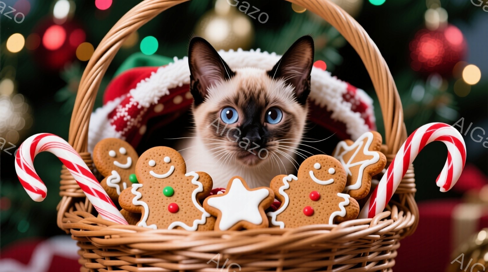 籐の籠の中に、青い目を輝かせるシャム猫が可愛らしく座っています。籠の中には、ジンジャーブレッドクッキーやキャンディケーンが散りばめられており、クリスマスの雰囲気が漂っています。背景はぼやけたクリスマス - AI生成フリー素材