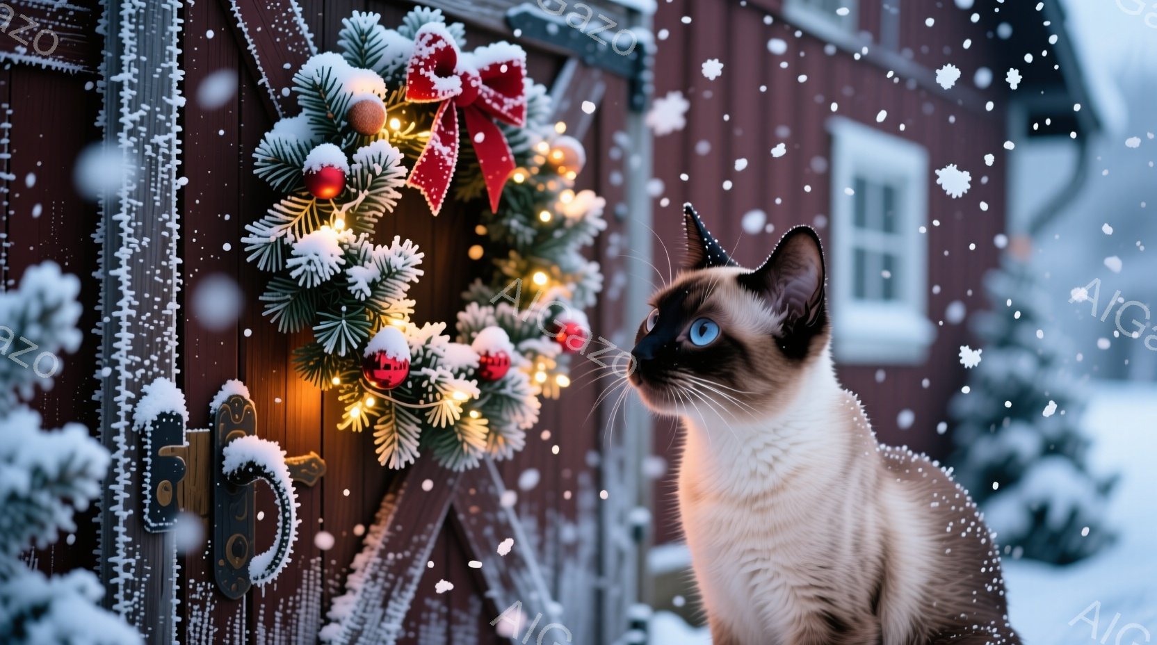 白と茶色のシャム猫が、雪で覆われた赤い木製のドアの横に立っており、きらびやかなクリスマスリースを見上げています。雪が舞い降りており、背景にはぼやけた冬景色が広がっています。暖色の光がリースから漏れ出し - AI生成フリー素材