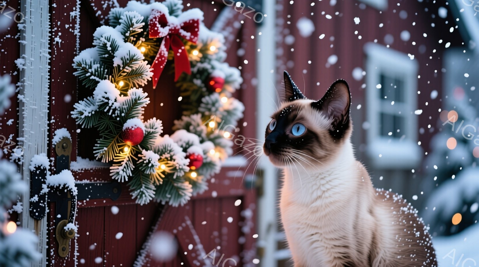 シベリアン猫が雪が降る赤い扉の前に立っている。猫は右を向き、何かを見つめているようで、少し驚いたような表情をしている。背景には、クリスマスリースが飾られた赤い建物があり、雪が降り積もって冬の暖かい雰囲 - AI生成フリー素材